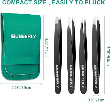 Tweezers Set, 4 Pcs Tweezers for Women with Travel Leather Case, Professional Stainless Steel Eyebrows Tweezers, Great Precision Tweezers for Ingrown Hair, Facial Hair, Splinter RemovalBlack
