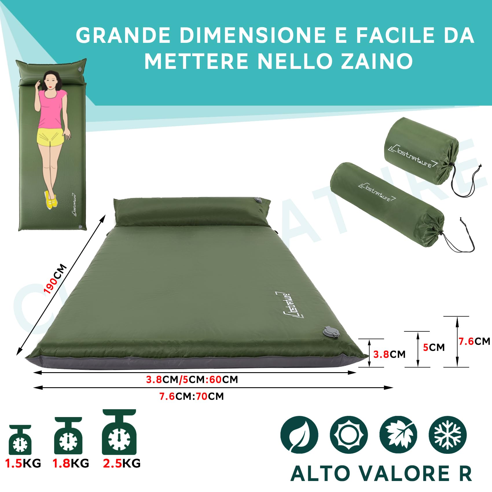 Clostnature Materassino Autogonfiabile da Campeggio - Materassino Autogonfiabile Esterno Spesso 3/5/7,6 cm con Confezione Piccola, Materassino Leggero per Sport, Escursionismo, Inverno