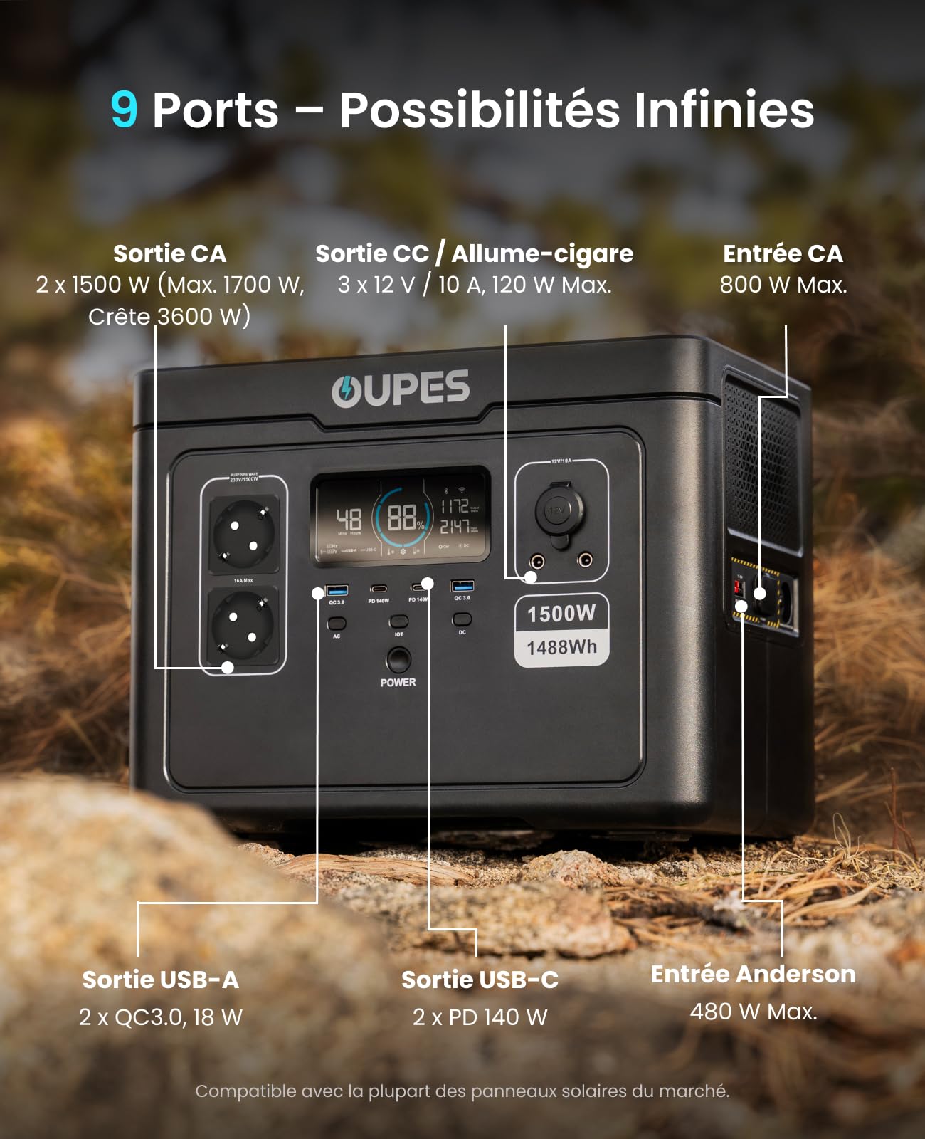 OUPES Exodus 1500 Générateur Electrique Portable, 1488Wh Batterie Nomade avec 2 Prises AC 1500W (Boost 1700W, Pic 3600W), Charge Rapide, UPS, Alimentation Secours pour Camping, Camping-car et Maison