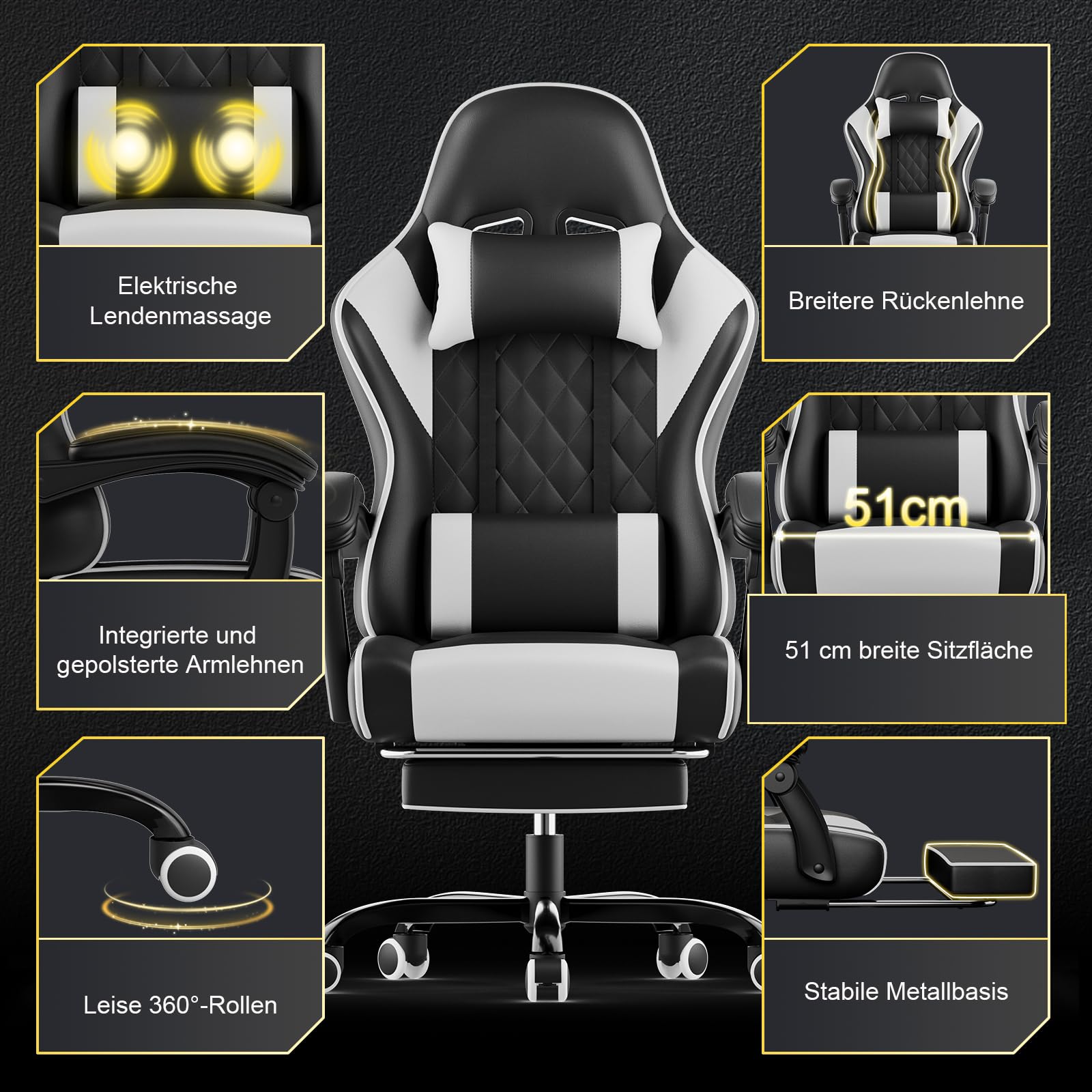 JUMMICO Chaise Gaming Ergonomique, Chaise de Bureau avec Fonction Massage, Fauteuil Gaming avec Repose-Pieds, 150 kg, Blanc