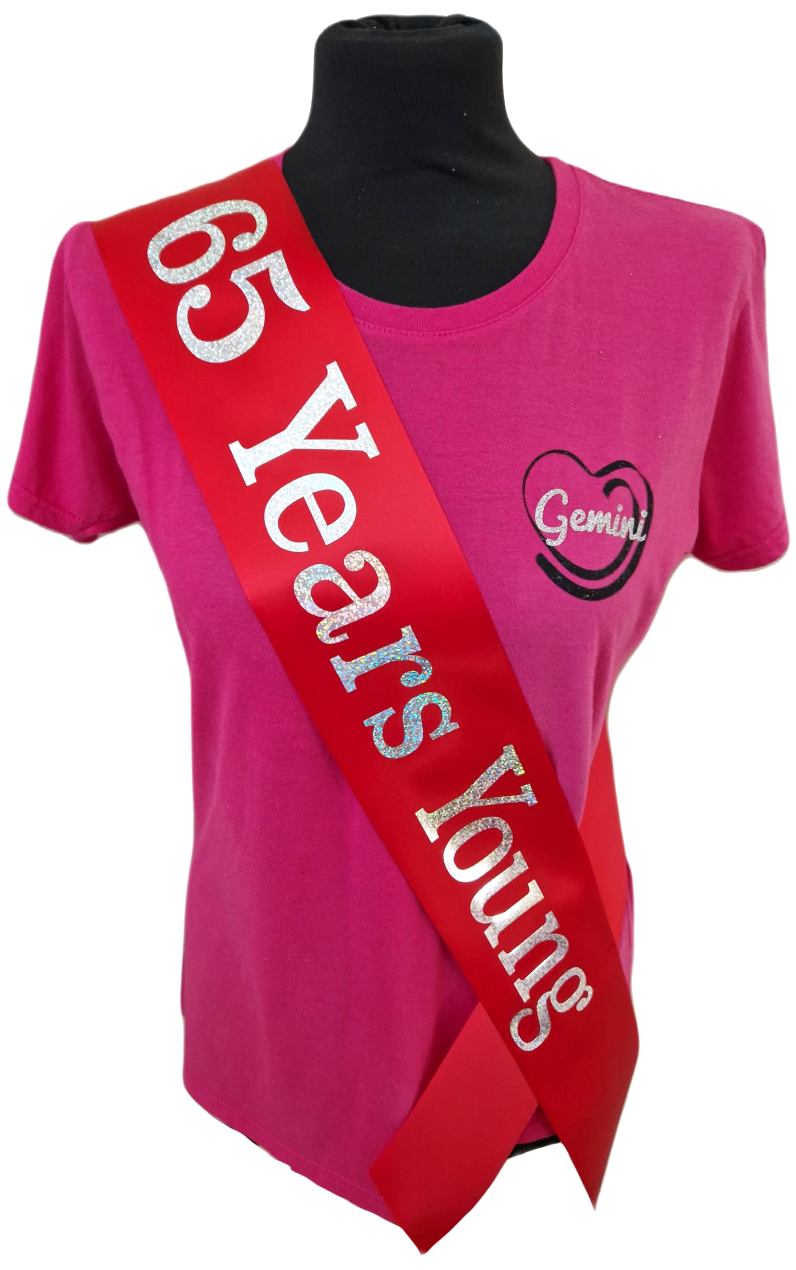 65th Birthday Sash - 65 Years Young Birthday Sash - Beautiful Quality Red Ribbon and Holographic Silver Font 65th Birthday Sash