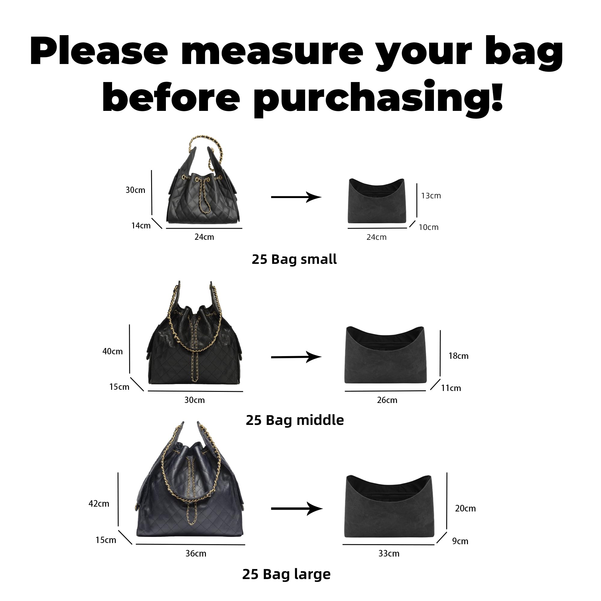 DGAZ Lekki organizer do toreb hobo 25C, rozmiar S, M, L, jedwabny, luksusowy, z kieszenią na zamek błyskawiczny i uchwytem na butelkę (S, czarny)