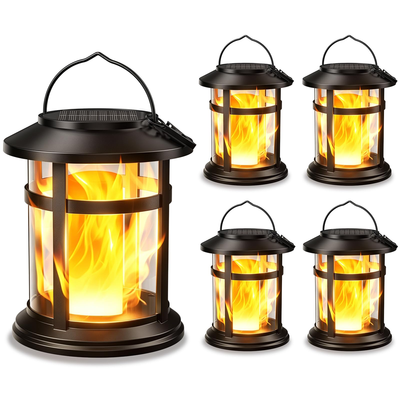 Faroles solares impermeables para exteriores, paquete de 4 luces solares colgantes de llama parpadeante, faroles decorativos alimentados por energía solar para jardín, patio, porche, decoración de