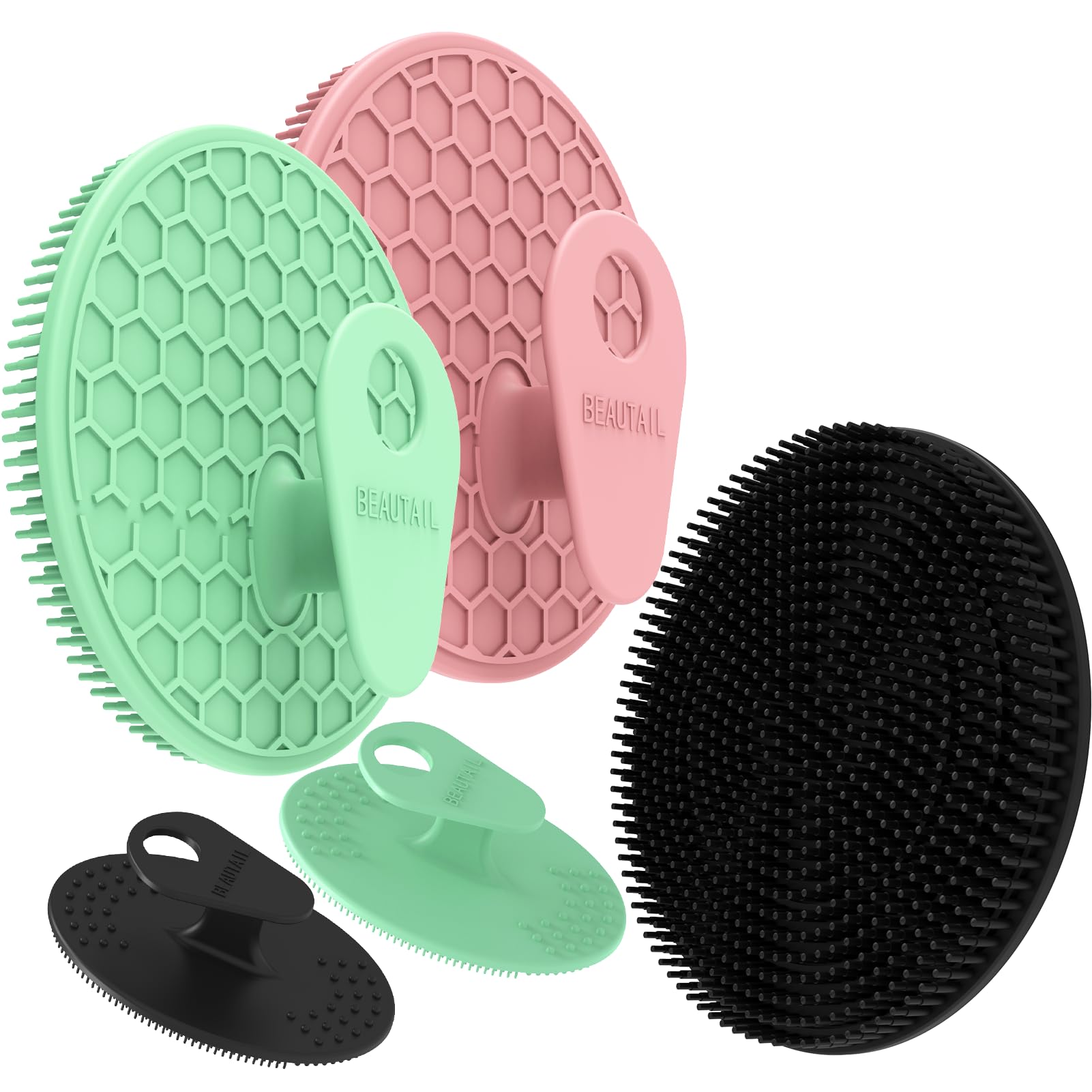 BEAUTAIL Silicone Body & Face Scrubber Set 5 Pack, Gentle Shower Scrubber | Hygienic Silicone Loofah, Easy-Grip Handle, Soft Exfoliating Bath Brush for Sensitive Skin, Women, Men, Kid. Black+Pink+Green-image-36