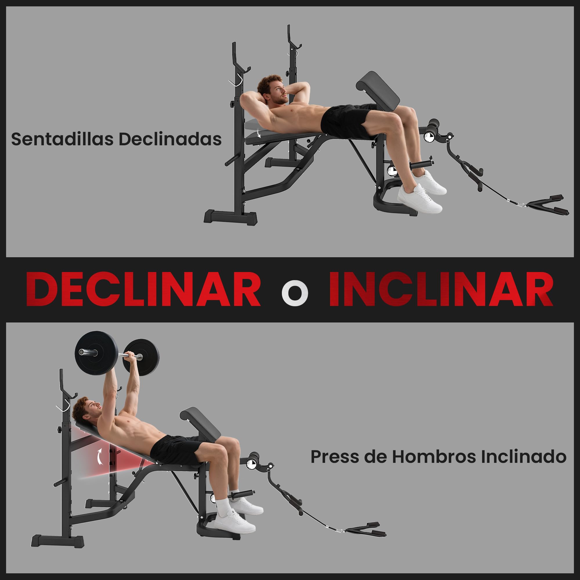 HOMCOM Banco de Musculación Multifuncional Banco de Pesas con Respaldo Inclinable y Soporte de Barras Altura Ajustable para Entrenamiento Cuerpo Completo Ginmasio Carga 300 kg 187x140x117-136 cm Negro
