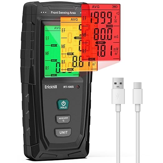 ERICKHILL EMF Meter RT-100S EF/MF/RF Testing Rechargeable Magnetic Field Digital Graphics Dual Interface Radiation Detector Digital LCD Screen for Home Office Outdoor