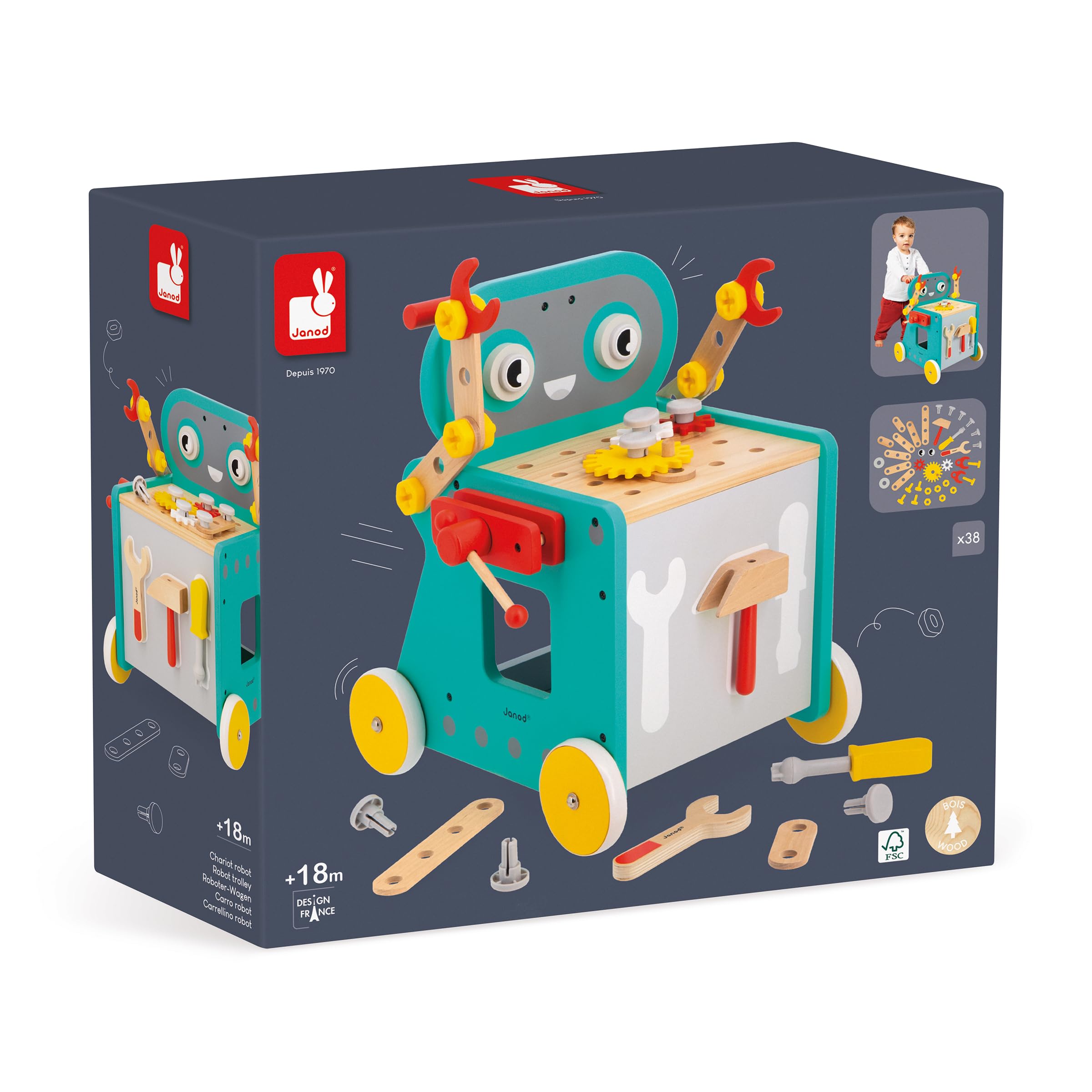 Janod - Wózek robot Brico'Kids - Dziecięca gra DIY - 38 akcesoriów + 3 narzędzia - Gra imitacyjna - Rozwija umiejętności motoryczne - Od 18 miesięcy, J06456