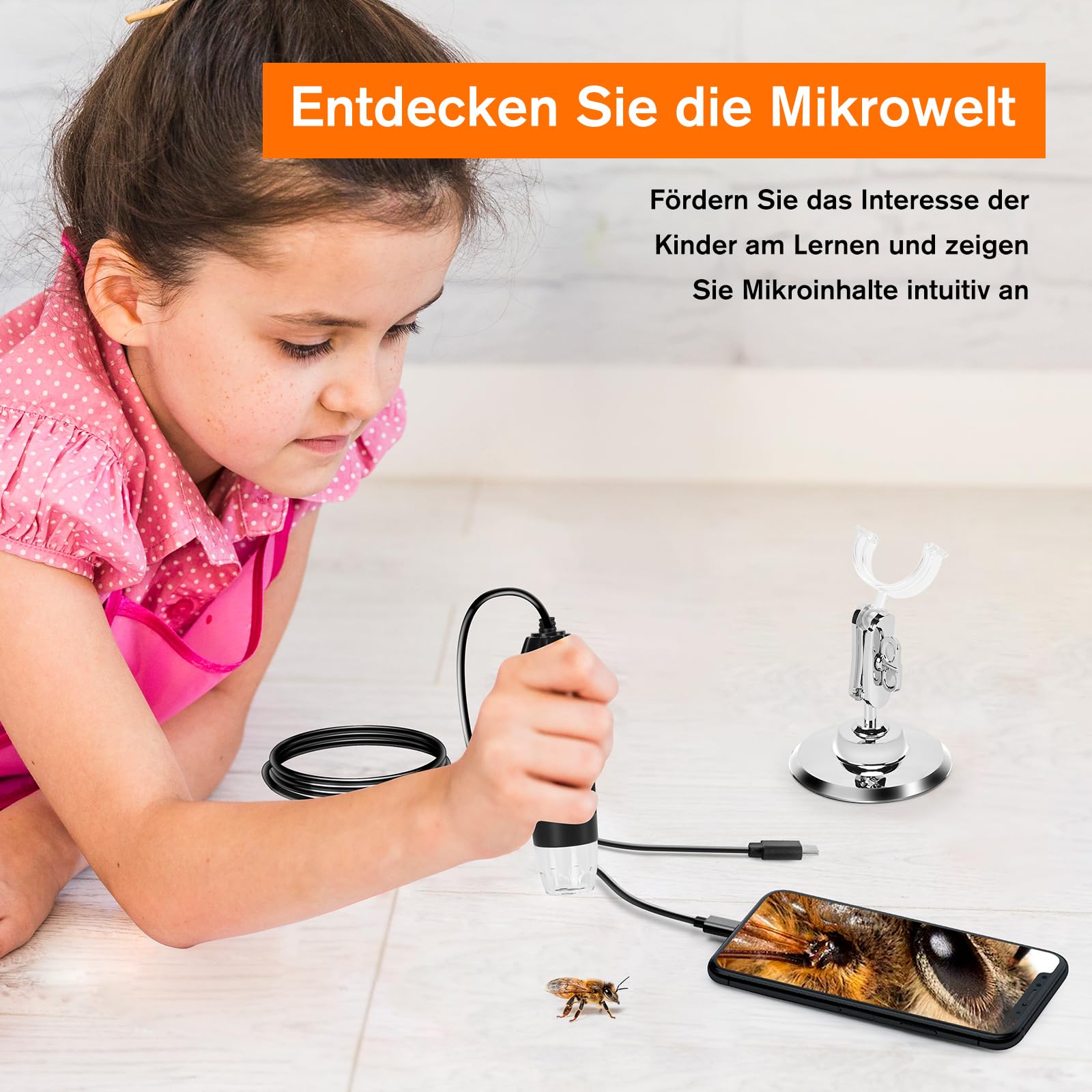 WADEO Digital Mikroskop, USB Mikroskop 1440P HD mit 50X-1600X Vergrößerung, Tragbare Inspektionskamera WiFi-frei, Kabeliges Handmikroskop mit 8 LED und Ständer, iOS, Android und Tablets kompatibel