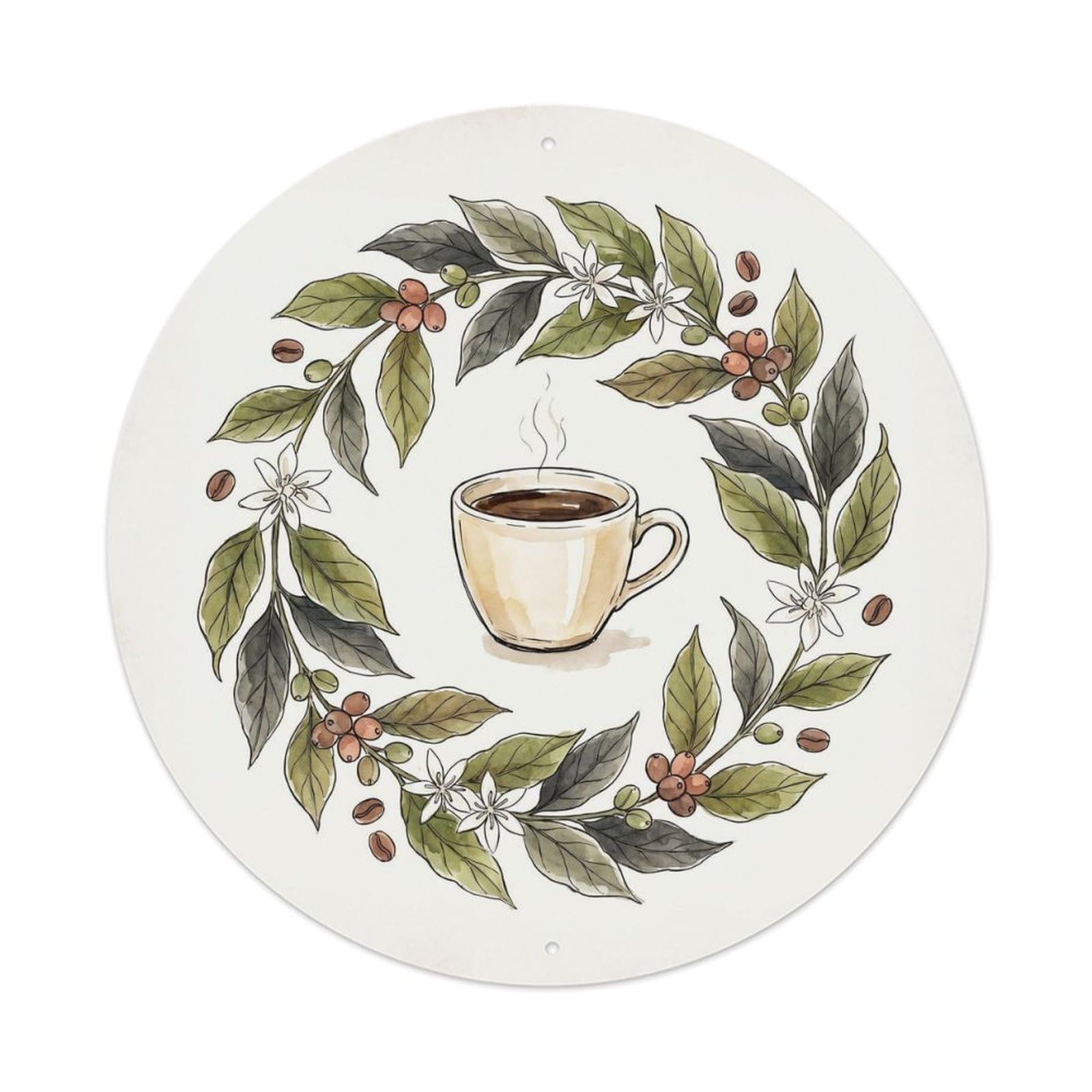 Vintage Botanical Coffee Mug Garden Beans Wreath Floral Metal Tin Sign Plaque Wall Decor for Cafe, Man Cave, Club Bar, Office, Home Garden Round Metal Poster 8x8Inch