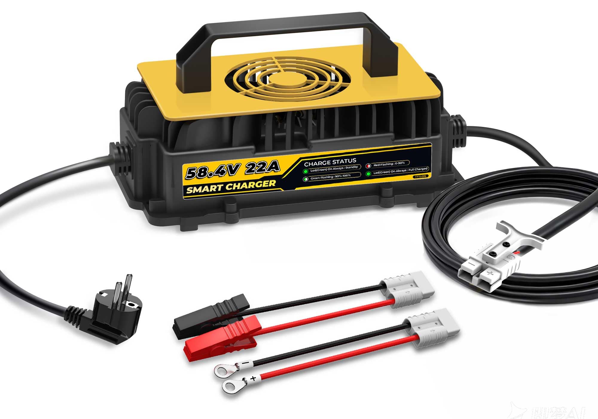 Caricabatterie Litio 58,4V 22A per Batterie LiFePO4 da 48V/51,2V, Impermeabile IP67 con Ventola di Raffreddamento, Adatto per Golf Cart, Barca, Camper, Solare