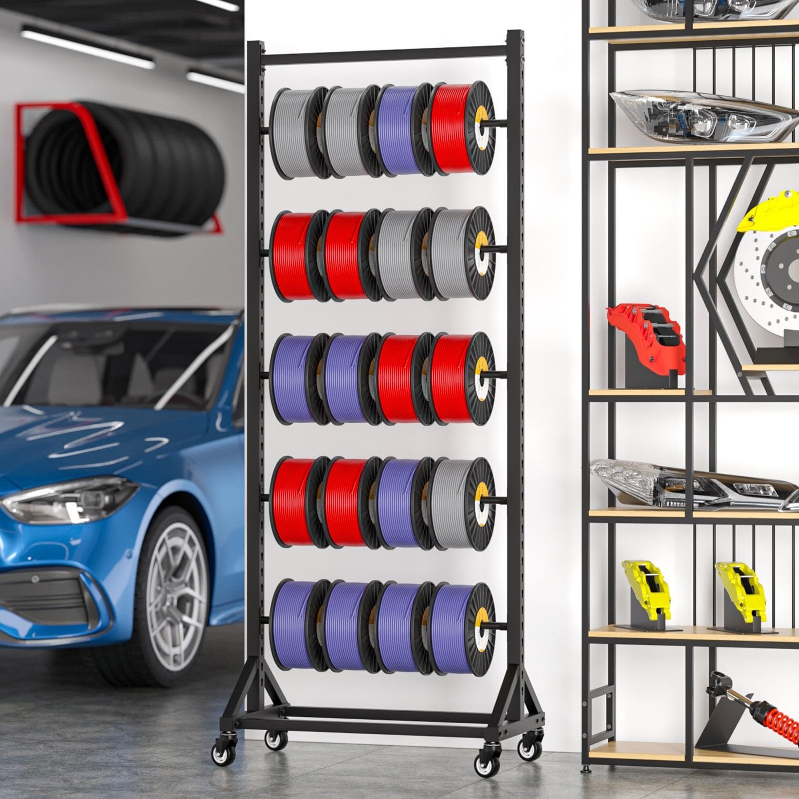 JevLoN Heavy Duty Vinyl Roll Holder, Transfer Paper Tape, Wallpaper, Window Film Display Rack with Adjustable Hanging Rod, Wire Spool Storage Rack Metal Rack for Garage Workshop(6 rods)