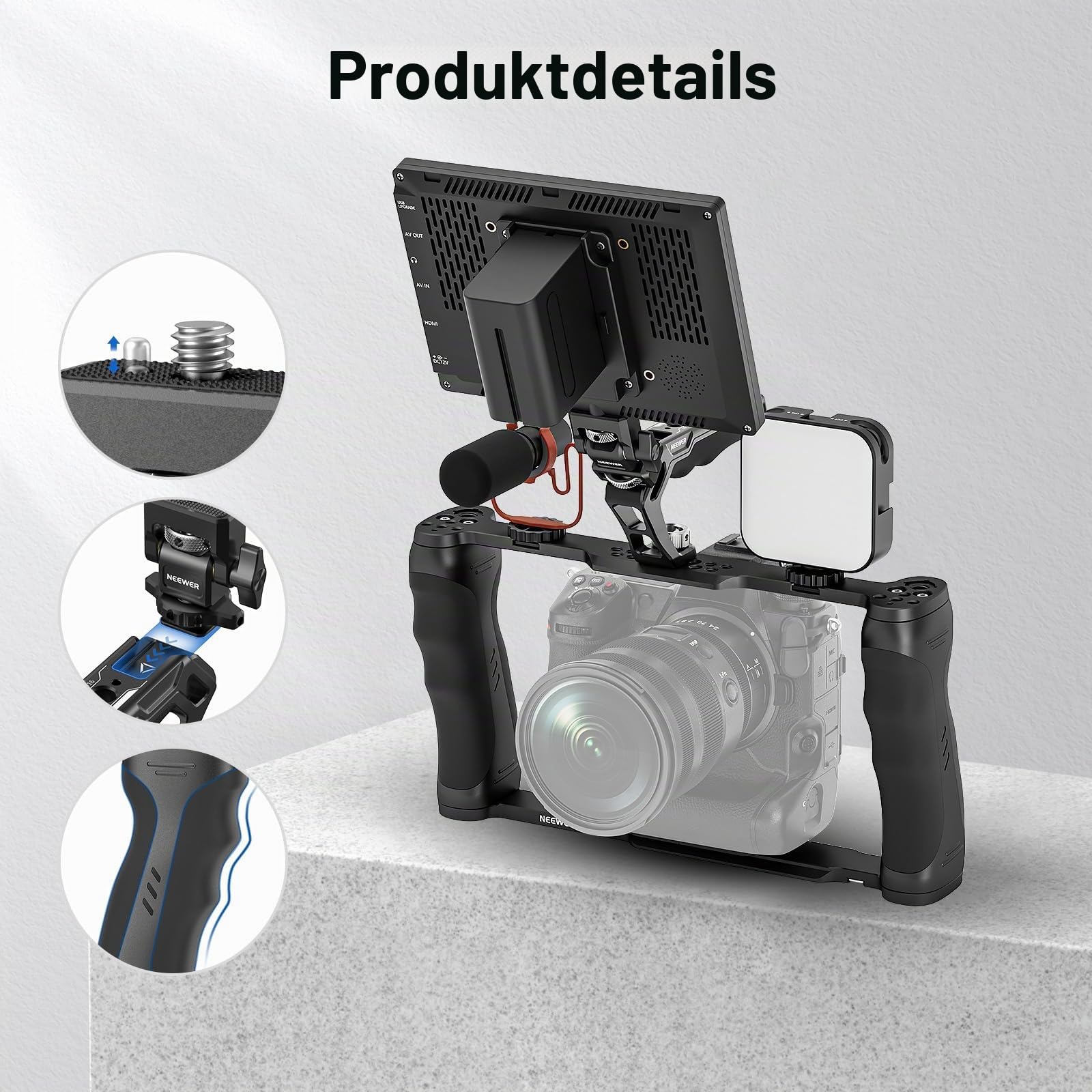 NEEWER Universal Kamera Käfig Cage mit oberem Griff, Zubehör Monitor Halterung, Arca Typ Kamera Gimbal Stabilisator Video Rig, Zwei Handgriffe und 3/8 kompatibel mit SmallRig CA016T+MA006
