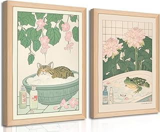 Set of 2 Japanese Bathroom Wall Art Framed Canvas with Cats & Frogs, Woo...