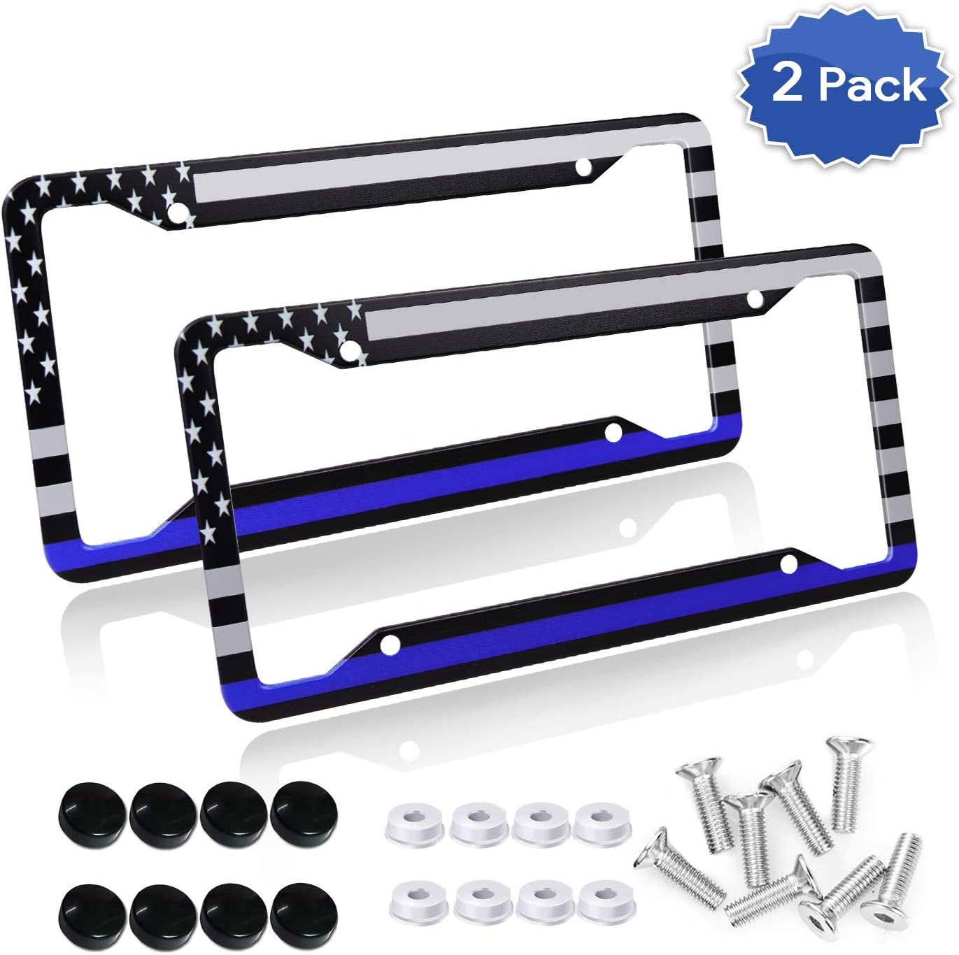 DZGlobal Thin Blue Line Black American Flag License Plate Frame, American Flag Car Tag Frame, Back and Front License Plate Frame 2 Pack