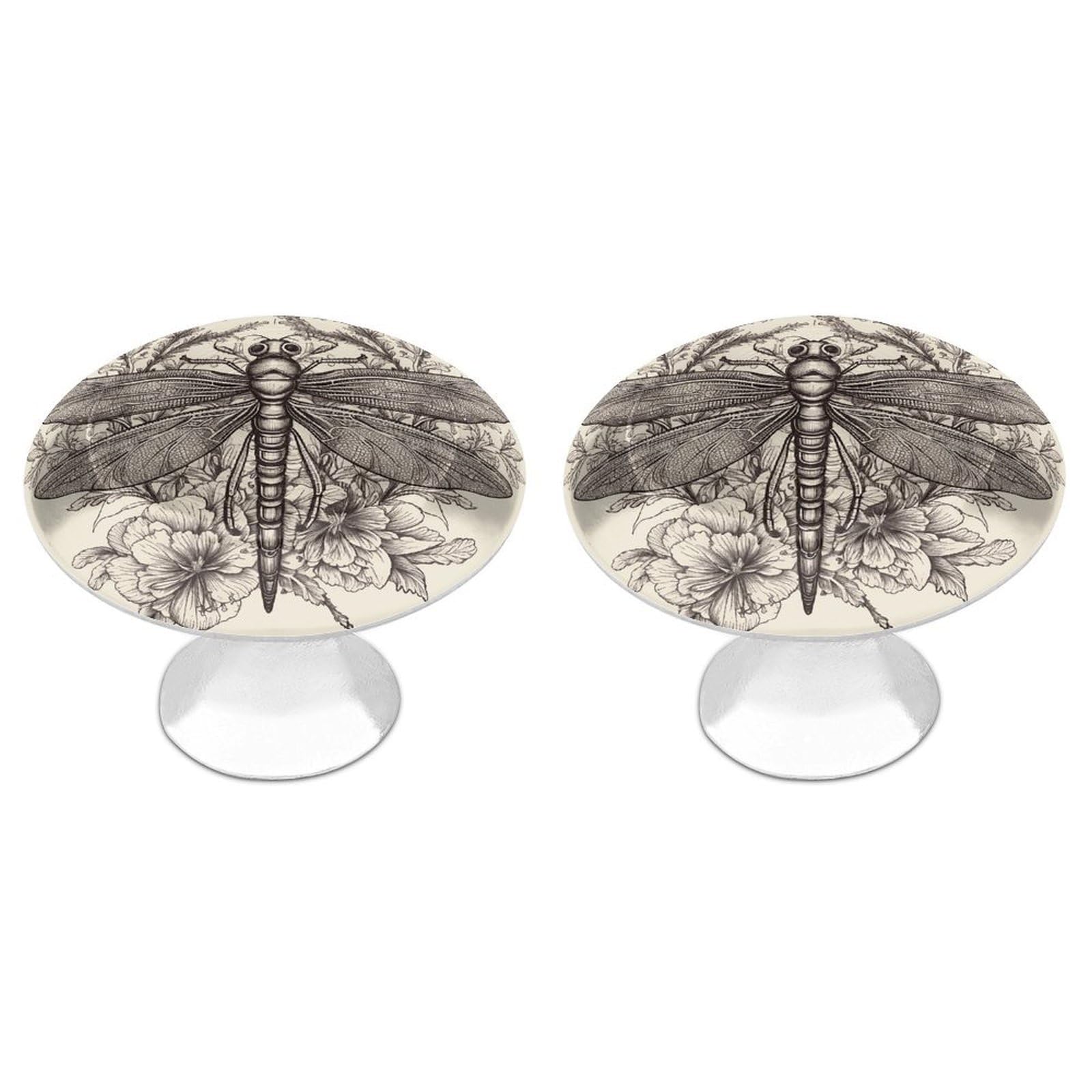 Btcowzrv Style Hand Drawn Floral Dragonfly 2 Pack Cabinet Knobs Drawer Pulls