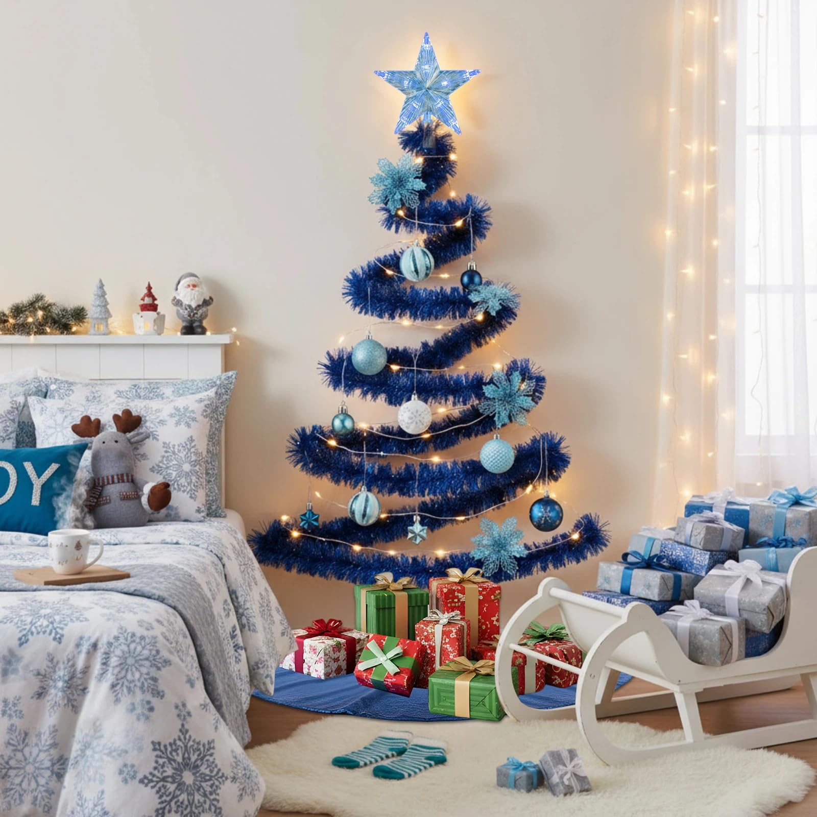 HyDren Lot de 91 décorations de sapin de Noël à suspendre au mur avec lumières - Guirlande de Noël de 20 m - Étoile, décoration de sapin - Décoration d'intérieur (bleu)