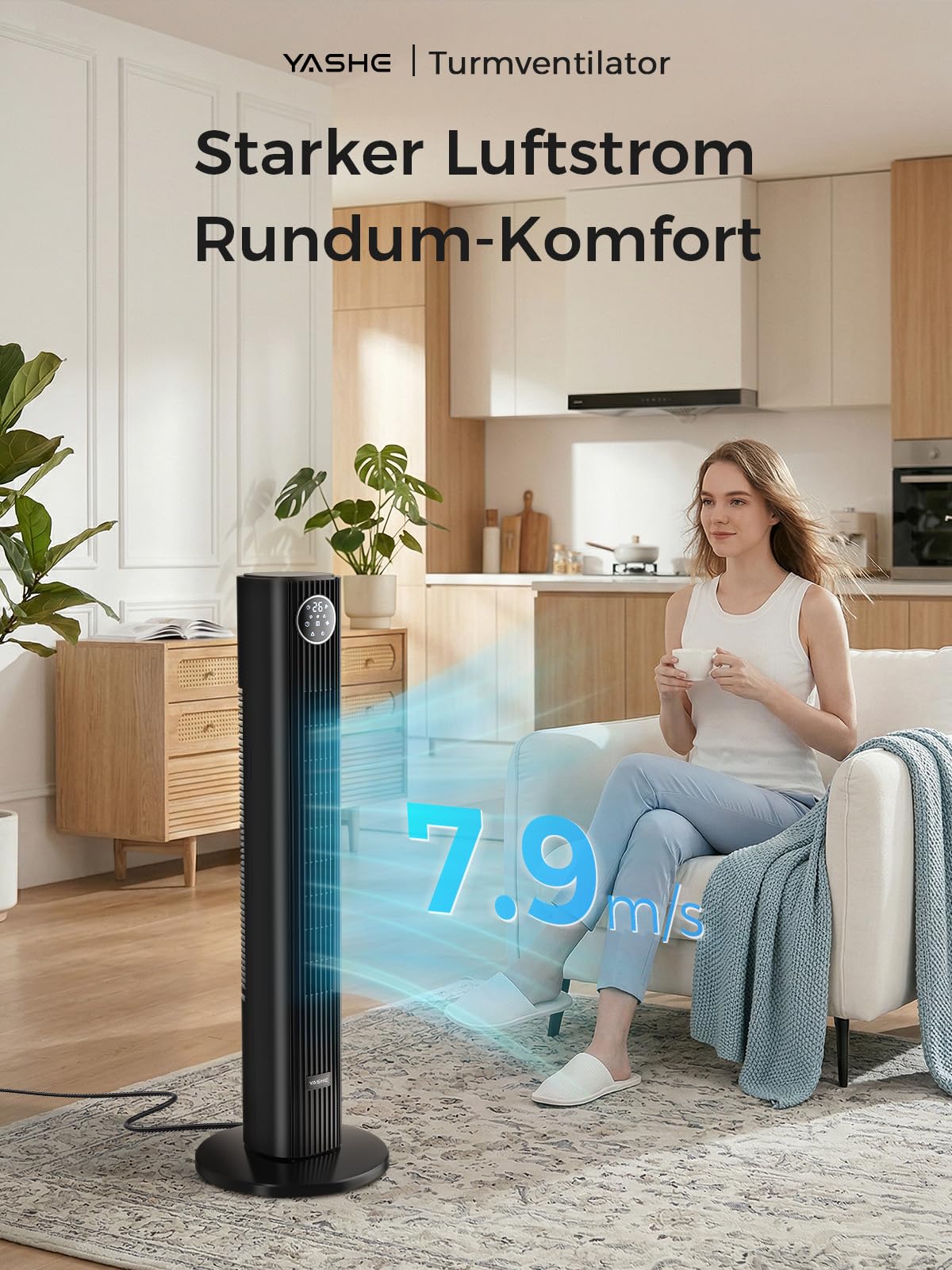YASHE Turmventilator 90 cm mit Fernbedienung, leiser Standventilator 28 dB, 3 Geschwindigkeiten, 4 Modi, 85° Oszillation, LED-Touch-Display, 12 Std. Timer