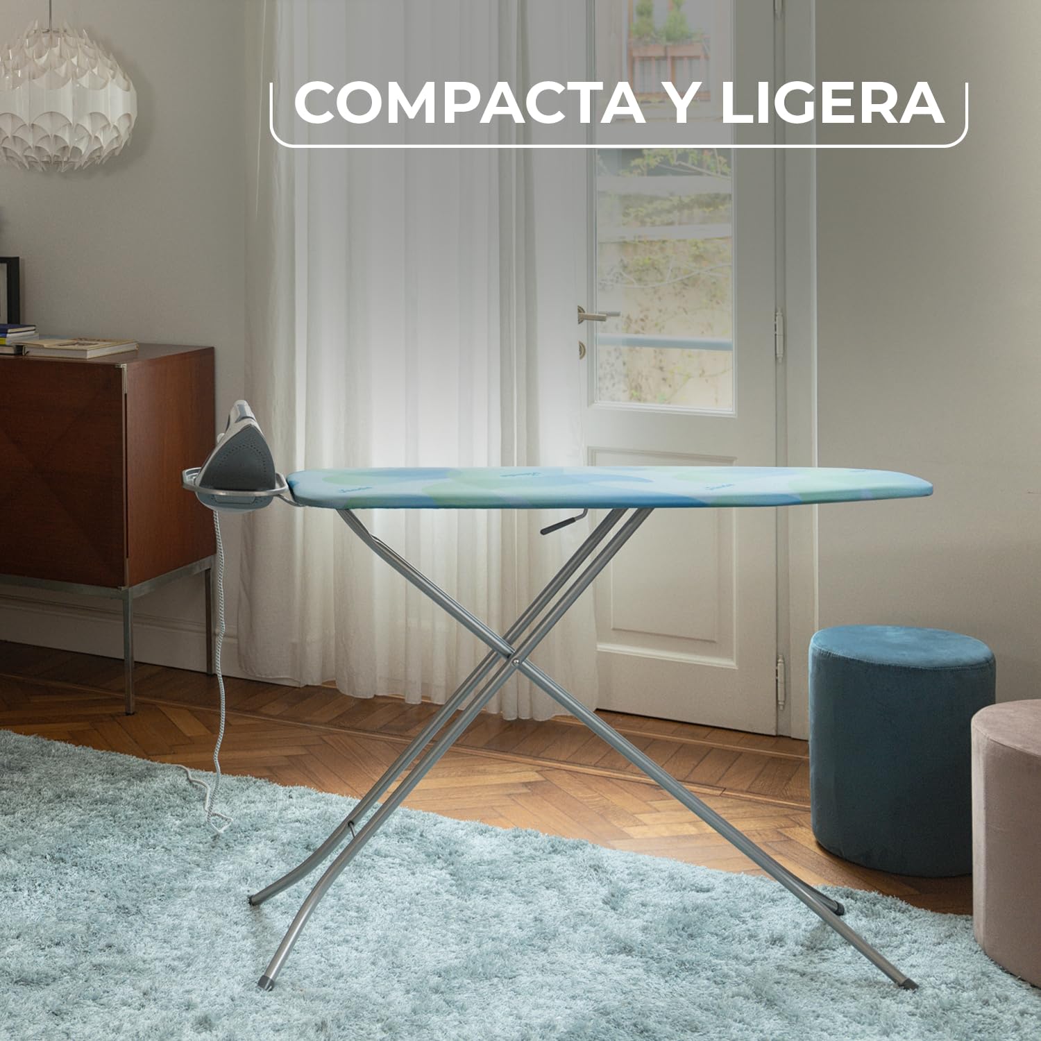 Vileda Tabla de Planchar Smart | Tabla de Planchar compacta | Extra Estable | Altura Ajustable hasta 91 cm | Algodón