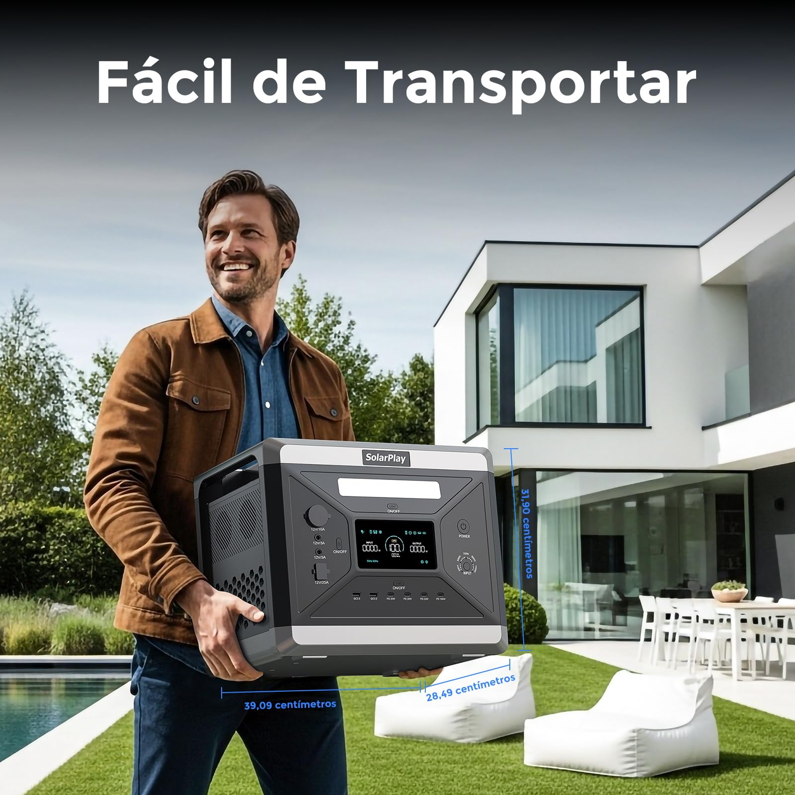 Estación de Energía Portátil SolarPlay Q2501, 2160Wh Batería LiFeP04, 100W USB-CSalida(12 puertos), Carga Completa Rápida 2h vía, Generador Solar para Exteriores, Camping, Emergencia (2400w+400w)