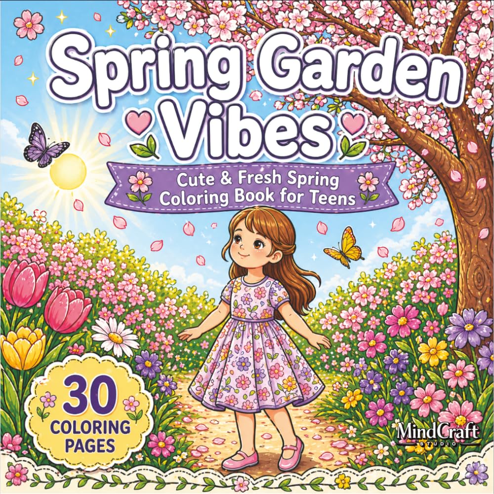Spring Garden Vibes: A Cute and Fresh Spring Coloring Book for Teens and Tweens with 30 Enchanting Floral Landscapes and Whimsical Garden Scenes