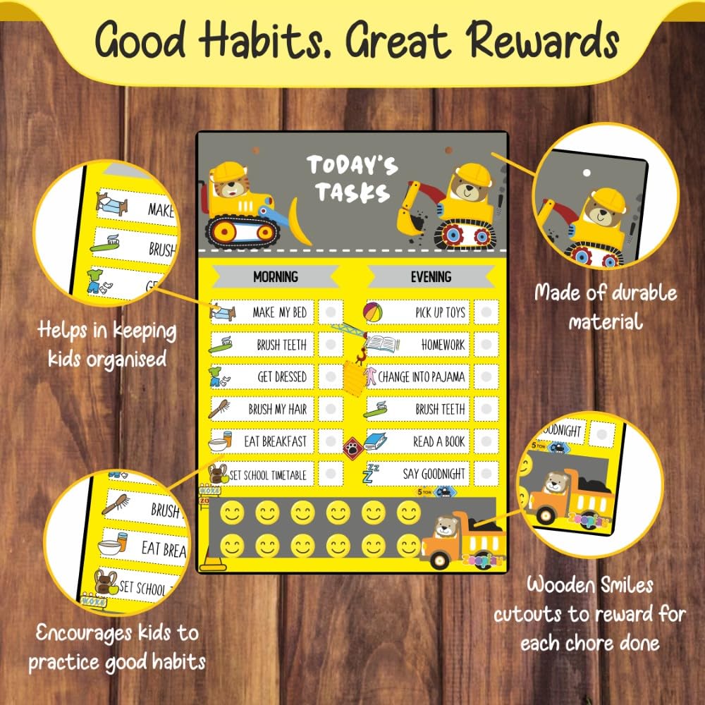 Zooplay India My Responsibility Chart - Good Habit Chart for Kids - Reusable Behavior Tracker with SmiliesI For Age 3-12 year I Reward chart I gift for Kids 3 yr -12 yrs (Builder Zone) - Image 2 thumbnail