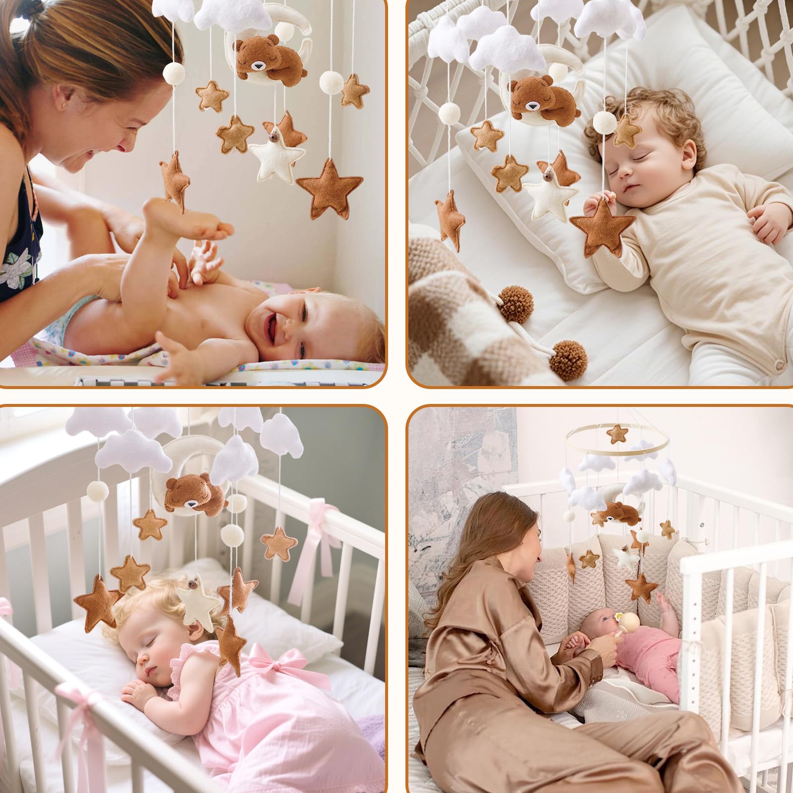 Mobile lit bébé, Mobile Bébé Bois avec Ours Etoiles Nuages Lune Cloches, Bois Berceau Bébé Jouet, Carillon Mobile, Chambre de Bébé Cloche de Lit, Cadeaux Naissance pour Bébés Filles Garçons (Marron)