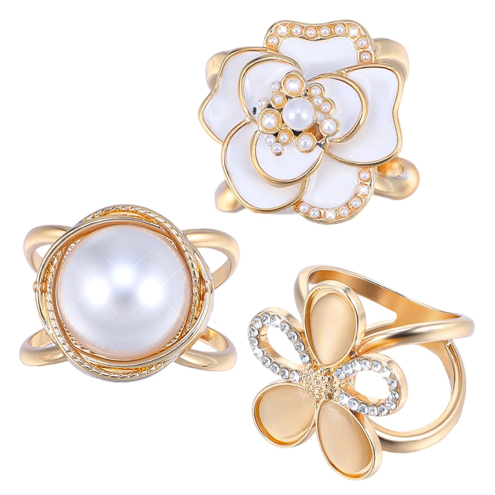 Neyauo 3 Pcs Scarf Ring, Pearl Camellia Flower Scarf Buckle, Metal Scarves Buckle Tshirt Ties Clip for The Side for Women