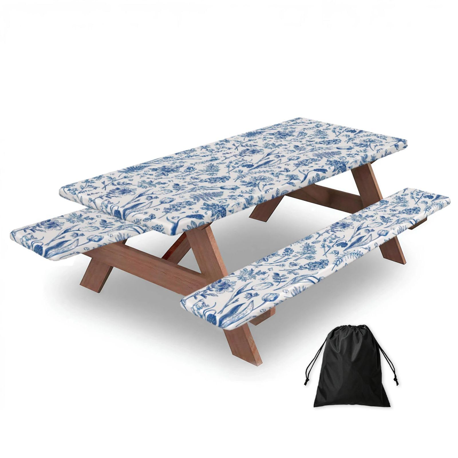 Yqxwjl Black Flowers And Leaves Print Camping Essentials Waterproof Camping Table And Bench Cover With Drawstring Bag 183 Cm