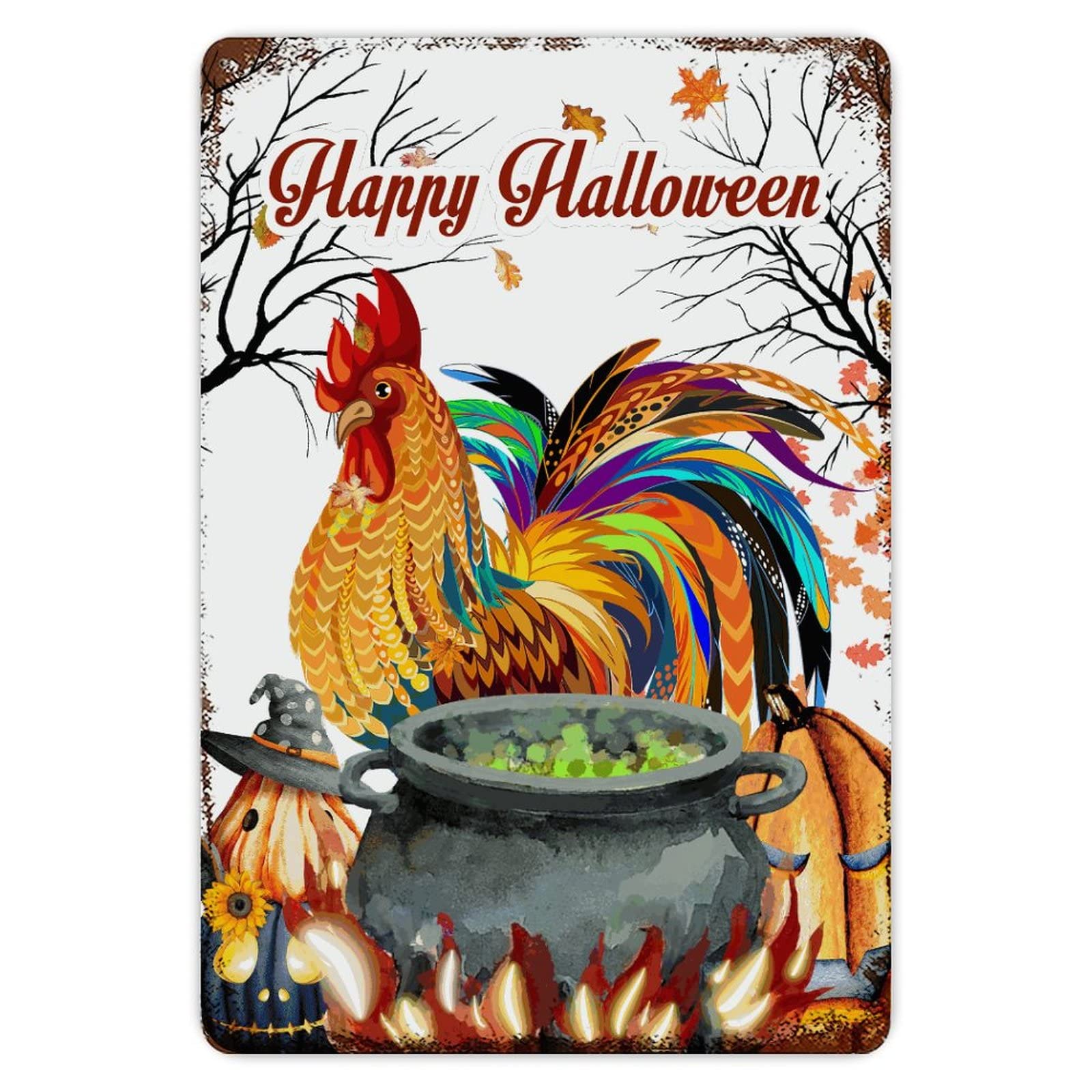 ENEDNATE Farmhouse Man Cave Metal Sign Trick Or Treat Halloween Rooster Pumpkin Retro Aluminum Tin Metal Signs for Indoor & Outdoor Yard Office Kitchen Living Room Door Home Décor 8x12 Inch