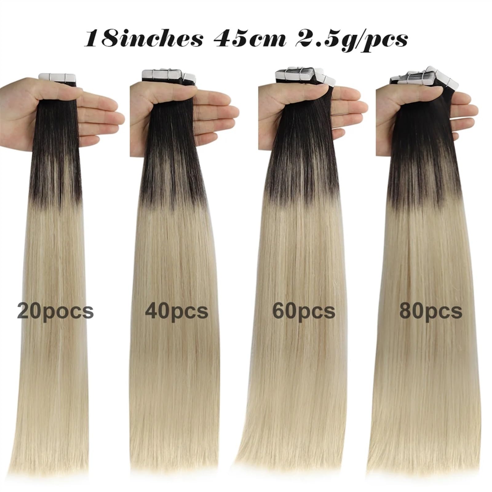 Kobiety Blond Przedłużanie Włosów Ludzkich Włosów Czarny Ombre na Popiół Mix Z Platinum Blond Wstążka Remy Prosta Taśma W 12-24 cal Przedłużanie Włosów(40 szt,24 Inchy)
