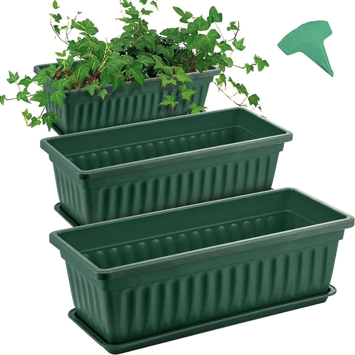 GROWNEER 3 Packs 17 Inches Green Flower Window Box Plastic Vegetable Planters Long Pots with 15 Pcs Plant Labels for Outdoor Indoor Windowsill Patio Garden Home Decor Porch