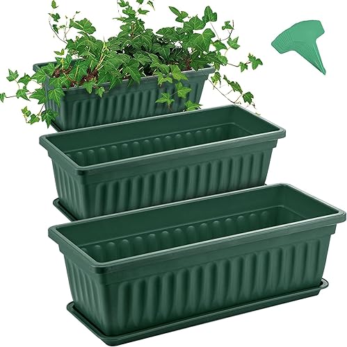 GROWNEER - Juego de 3 macetas de plástico rectangulares de 17 pulgadas con 15 etiquetas para plantas, para ventanas, patio, jardín, decoración del