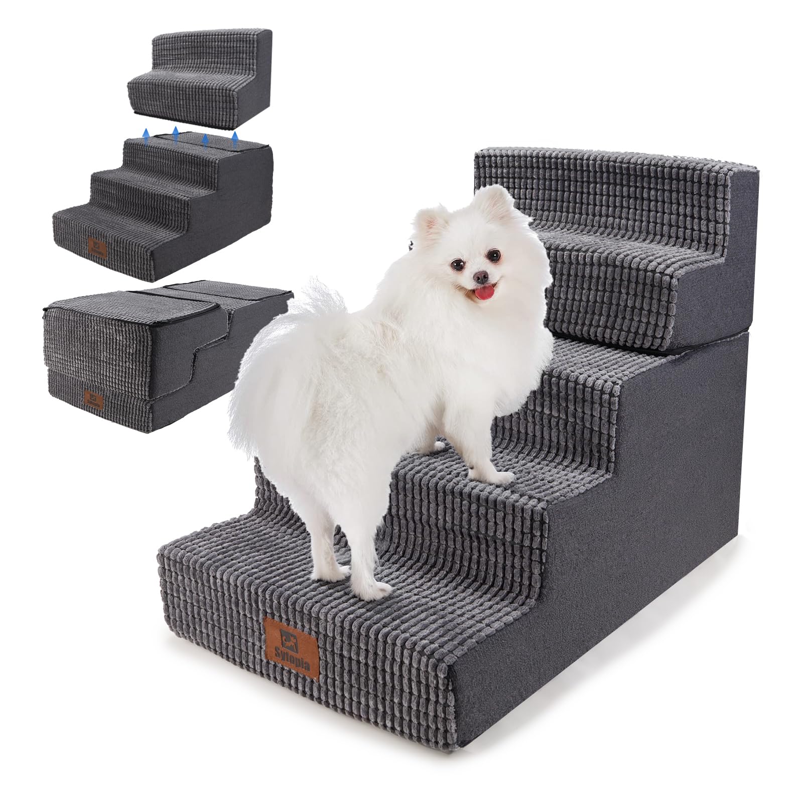 Sytopia Escalera para perros grandes, 5 peldaños de altura, para cama de 60 cm, lavable, espuma de alta densidad, para perros mayores heridos (57 cm de altura, gris) Global Recycled Standard Global Recycled Standard Global Recycled Standard