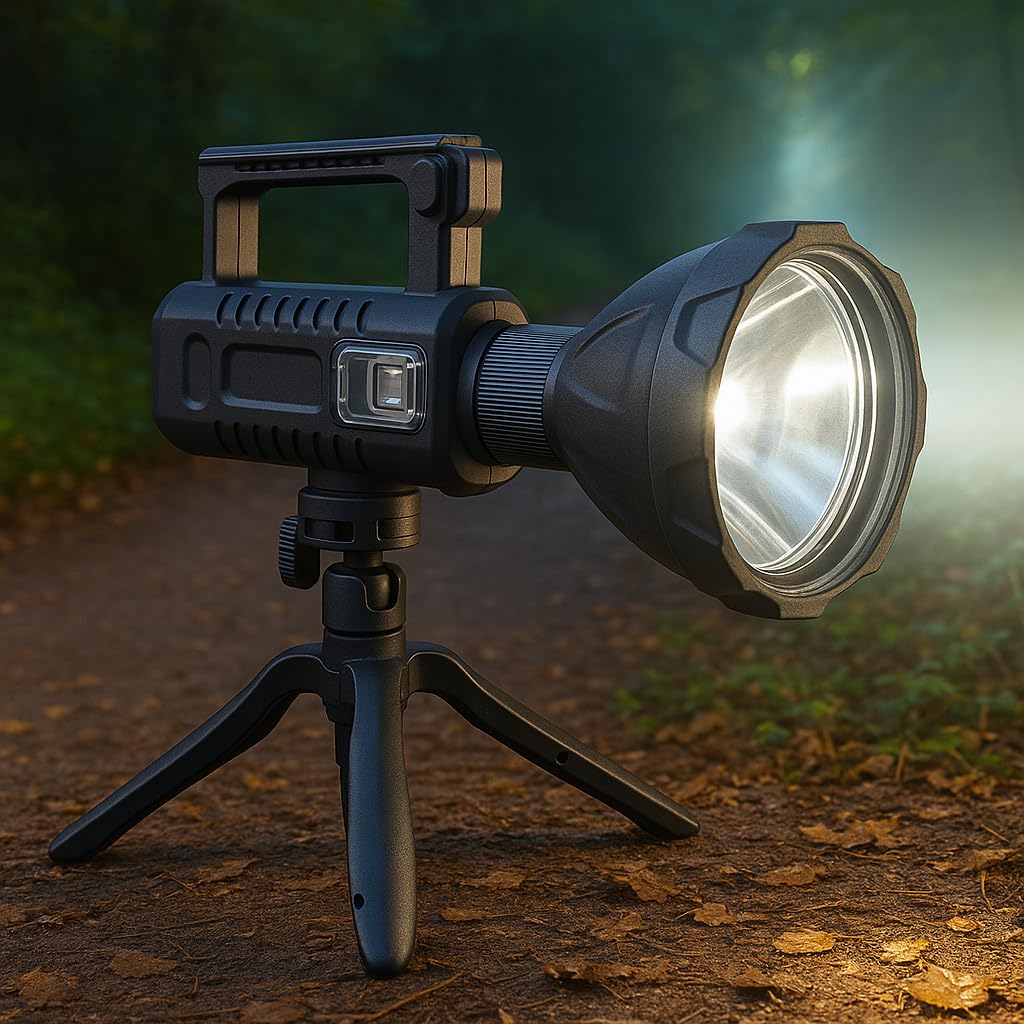 Torcia Led Militare Ricaricabile Powerbank, Lampada Potente 100W 20000 Lumen, Portatile Super Luminosa con 4 Modalità, Luce con Treppiede Supporto, per Pesca Caccia Campeggio Escursionismo Trekking