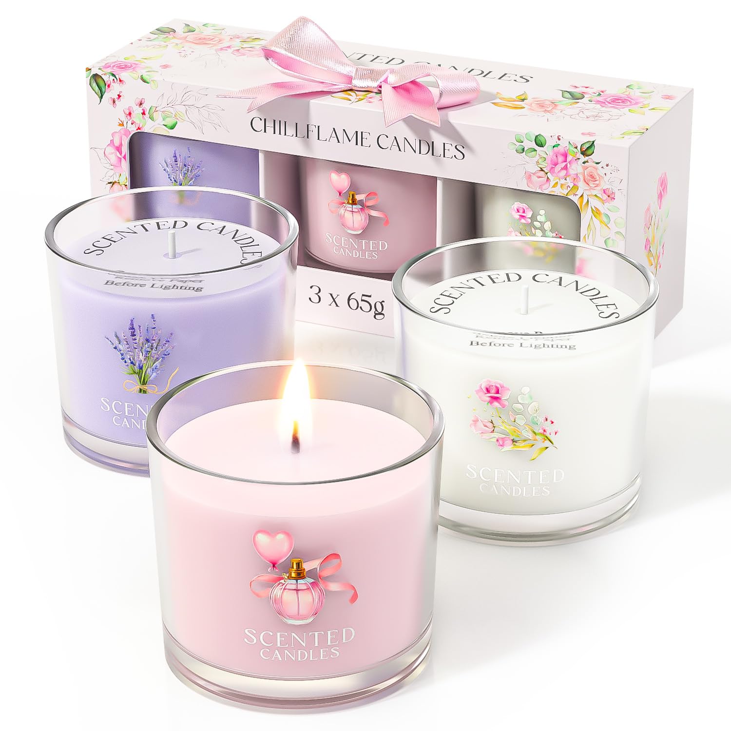 Candle Set, Scented Candle Gift Set for Her, 3 Scented Votive Candles, Birthday Gifts for Women/Men (Pink+Purple+White, 200g)