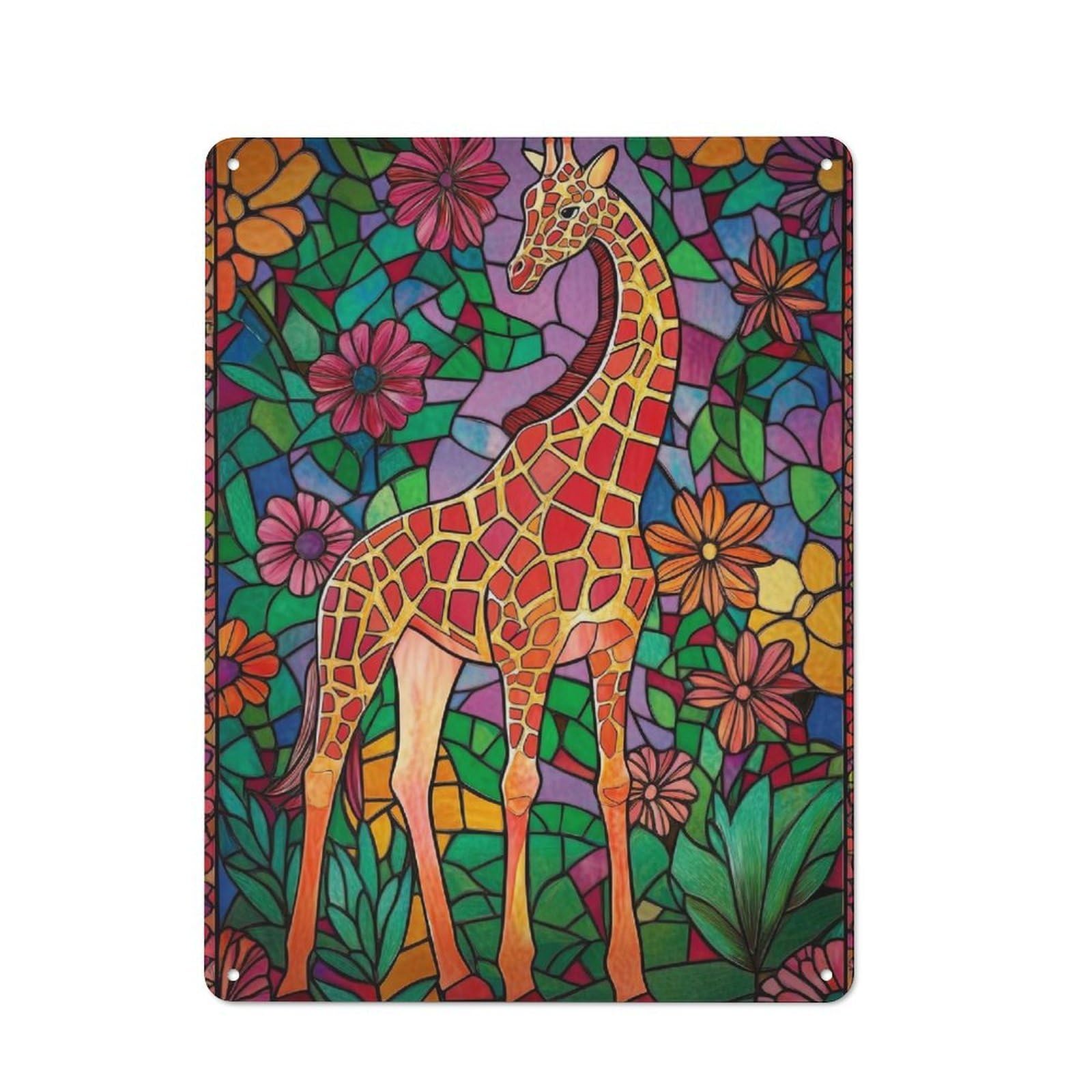Junmoney Giraffe In Floral Mosaic Tin Wall Plaque 40X30cm With For Home Bar Wall, For Hosts Who Enjoy Retro Interiors