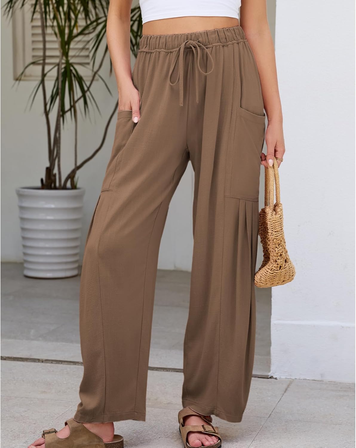 Duyang Women Linen Wide Leg Pants Casual Summer Palazzo Pants Beach Vacation Outfits Flowy Loose Trousers with Pockets - Image 2