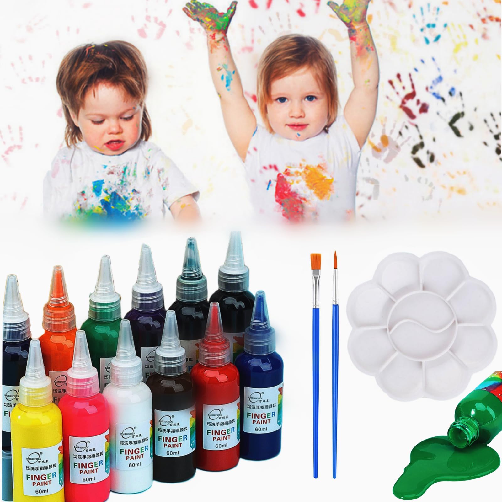Témpera de Dedos, Set de Témperas Lavables, Pintura Acrilica Lavable, Kit Pinturas Acrilicas, No Tóxicos y Sin Olor, Dermatológicamente Probados, con 8 Colores Variados de 60 ml con 2 Pinceles