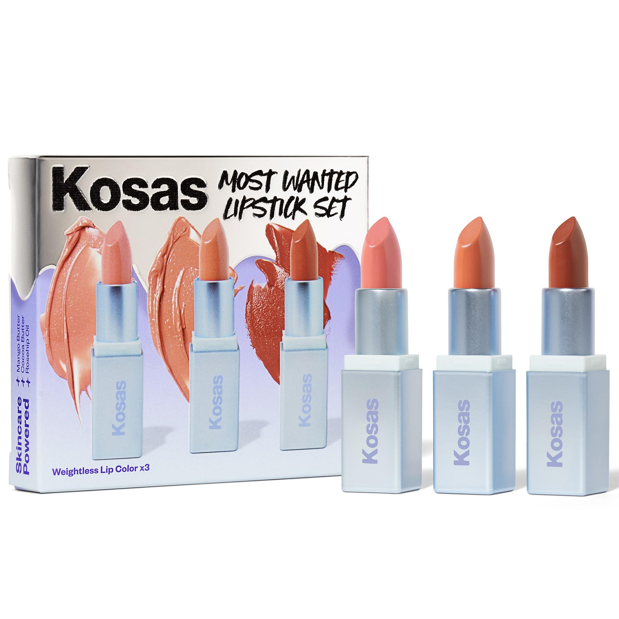 KosasMini Nude Lipstick Set of 3 Shades - Infused with Mango Butter, Cocoa Butter, & Rosehip Oil - Satiny Smooth Finish - Fit for Makeup Style and Luxurious Gift Kit for All Skin Tones