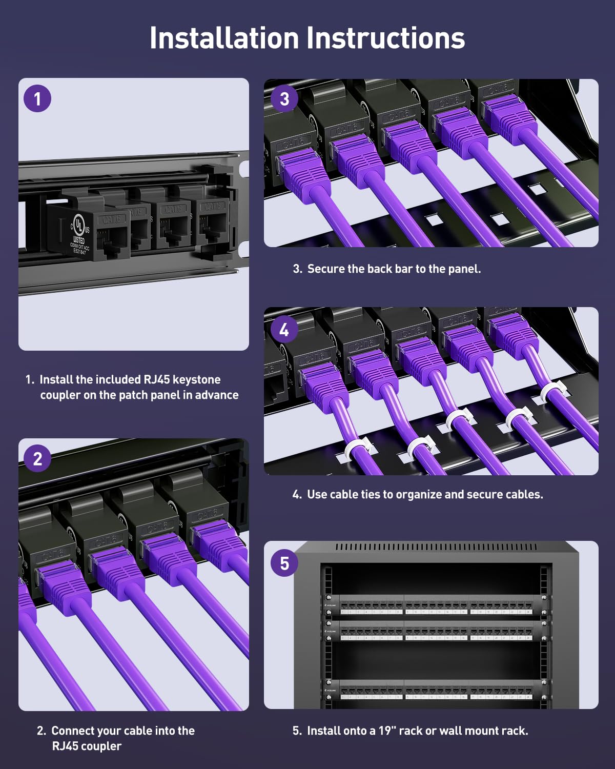 VCELINK 24 Port Keystone Patch Panel 1U 19-Inch, with 25-Pack UL-Listed UTP CAT6 Keystone Coupler and Removable Cable Management Bar, 1 Gbps (25 x Cat6 Keystone (Mix))