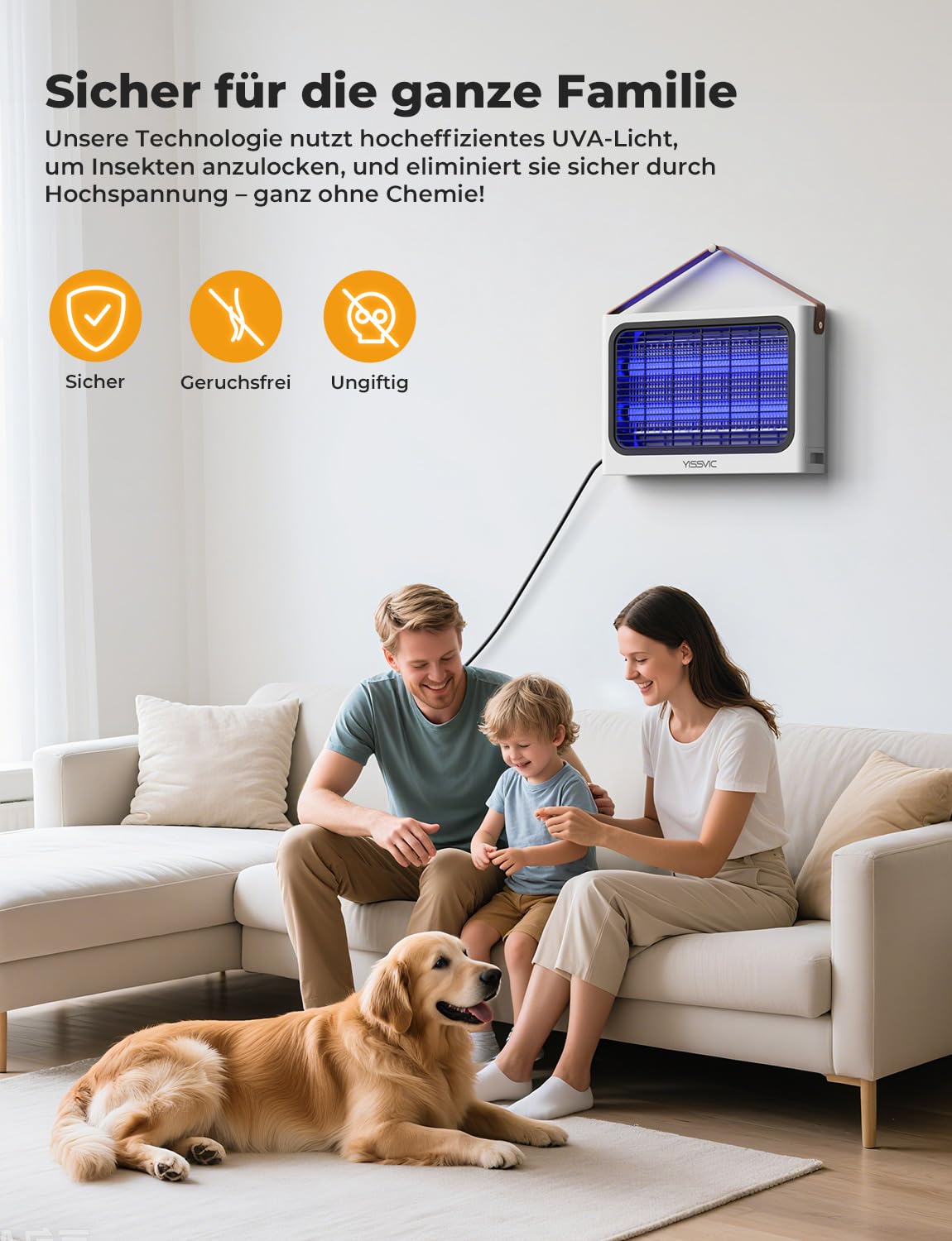 YISSVIC Elektrischer Insektenvernichter 4300V UV Mückenlampe 20W mit 2 Ersatzröhren PU-Griff 1,8-m-Kabel für den Innenbereich gegen Motten Mücken Fliegen
