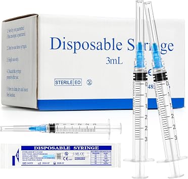 3ml/cc Luer Lock Syringe with 23Ga 1inch Lab Supplies, Disposable Individually Packaged, Pack of 100