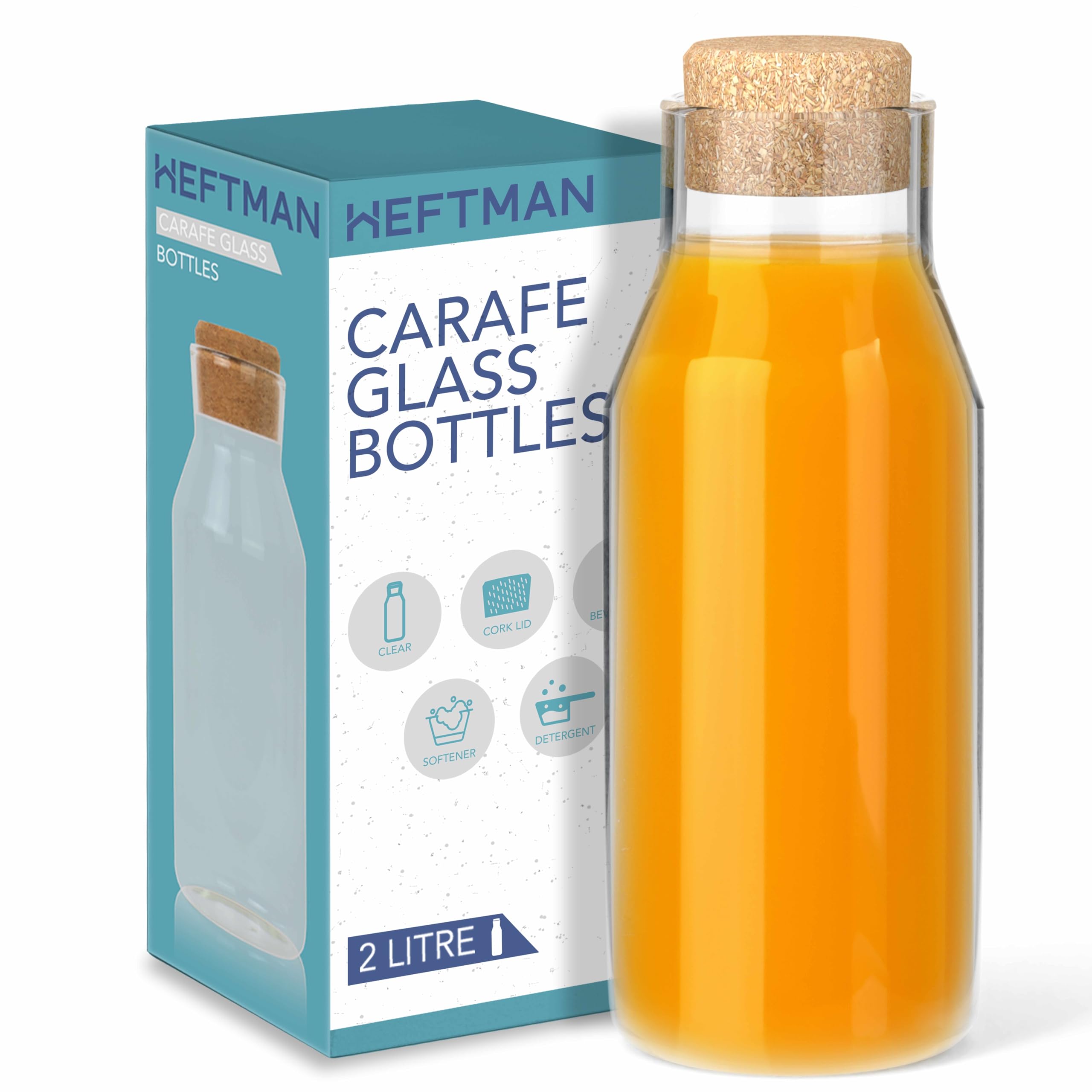 Heftman Transparent Carafe Glass Bottle - 2 Litre Water Carafe With Cork Lid, For Hot & Cold Beverages, Reusable Fabric Softener Jars, Laundry Detergent Storage Bottle With Stopper (1 Pack)