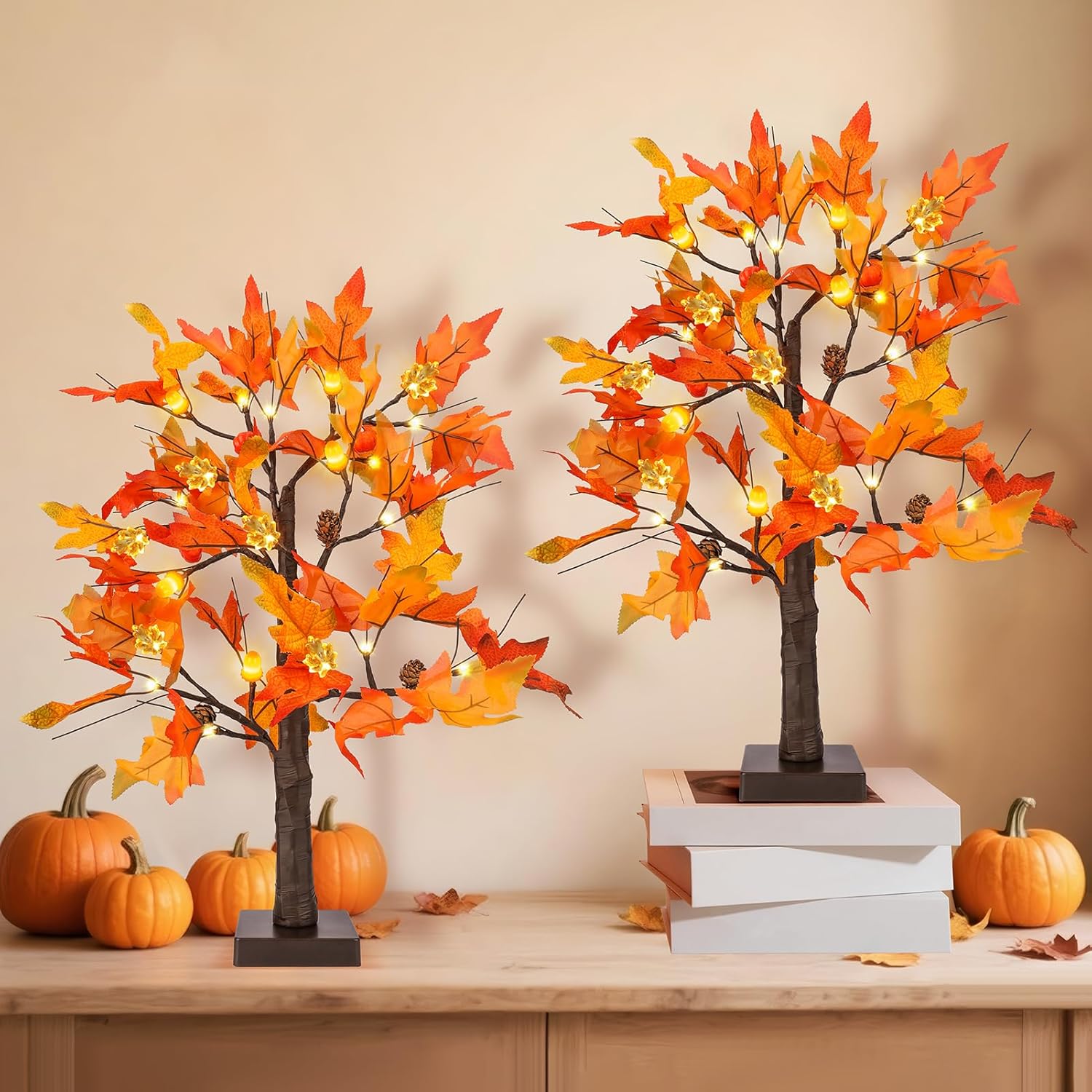 2 pack 24" maple trees with lights, artificial lighted fall tree fall thanksgiving decorations for home indoor autumn harvest table decor style 03