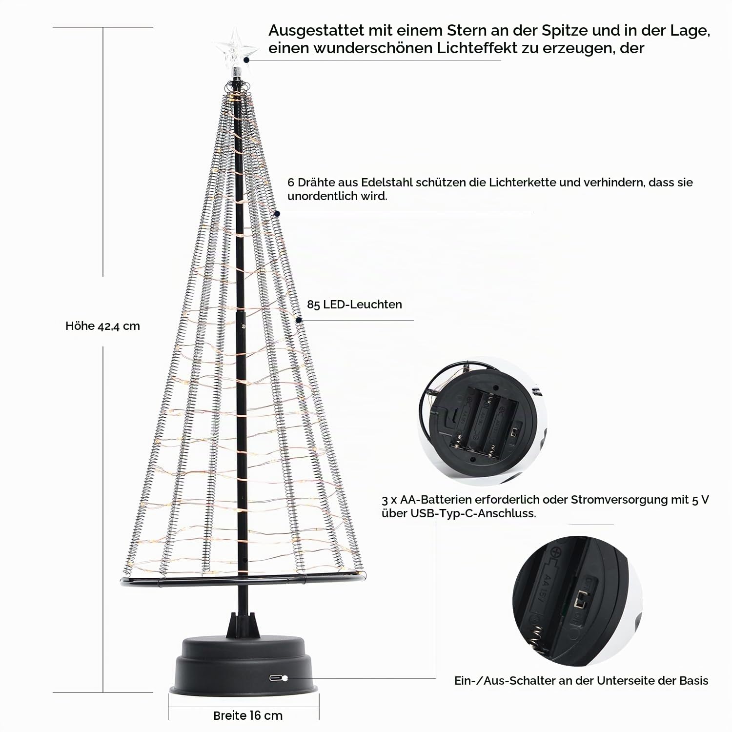 Honesty Santa's Tree,XL Black Mini-Weihnachtsbaum, 85 warmweiße LEDs auf Kupferdraht, mit Ladedatenleitung ， Tischlampe und schönen Dekorationen für Ihre Zimmer, 425 mm Hoch