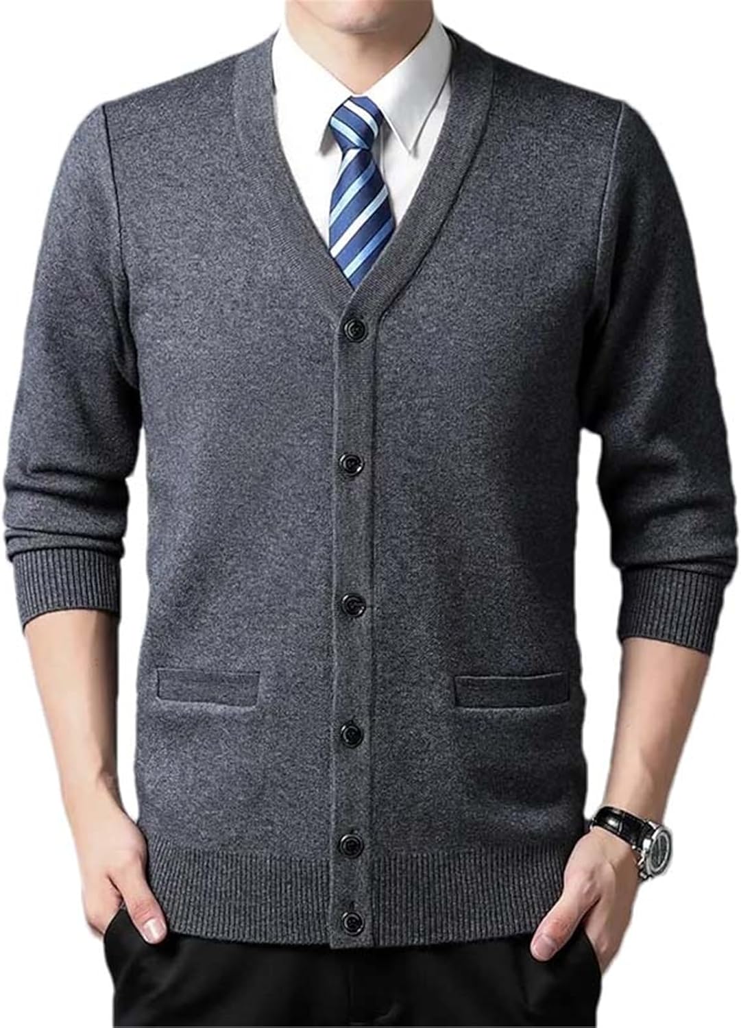 Men's Cardigan Solid Color Plaid Casual Knitted Sweater Warm V-Neck Sweater