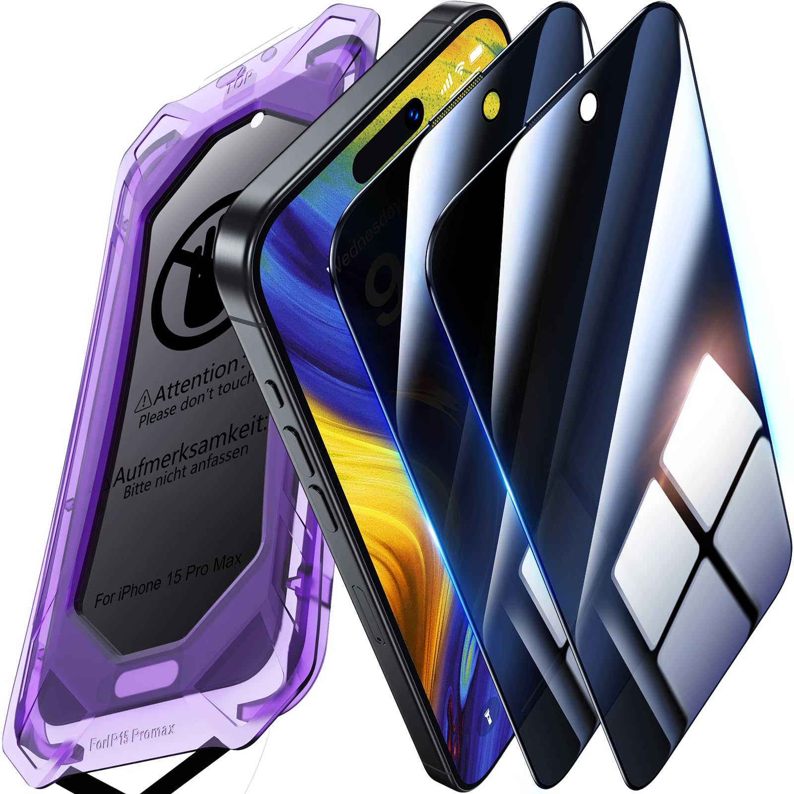 UniqueMe per iPhone 15 Pro Max Privacy Pellicola Protettiva - [Protezione Completa del Display] Anti Spia Privacy Vetro per iPhone 15 Pro Max, Installazione Automatica, 2 Pezzi