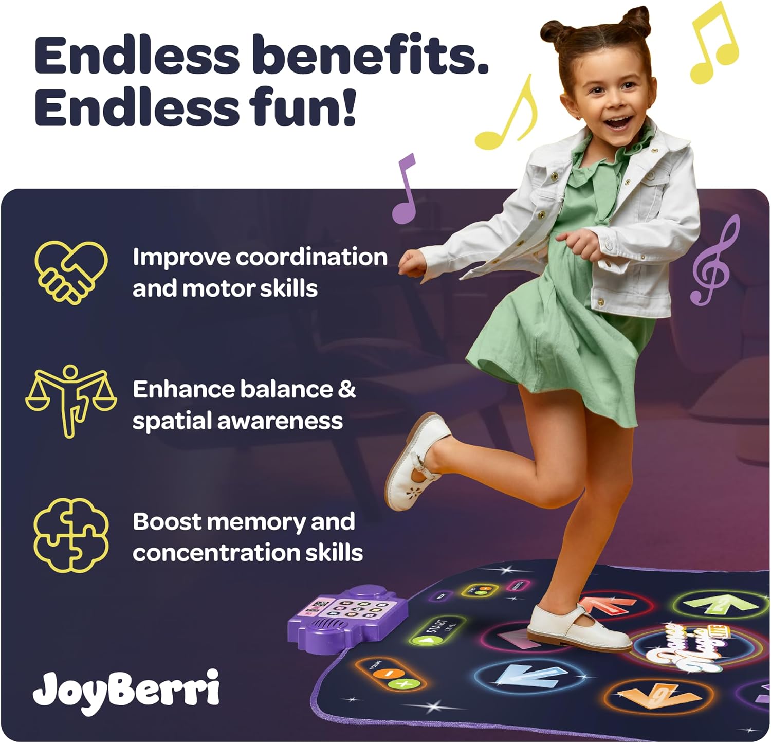 JOYBERRI Dance Mat - with 8 Levels & Songs, 3 Speeds and 2 Modes - Light Up Electronic Kids Dance Mat for Kids Ages 4-8, 8-12, Toddlers 3-5 / Dance Pad, Dancing Mat Toy Gift for Girls and Boys