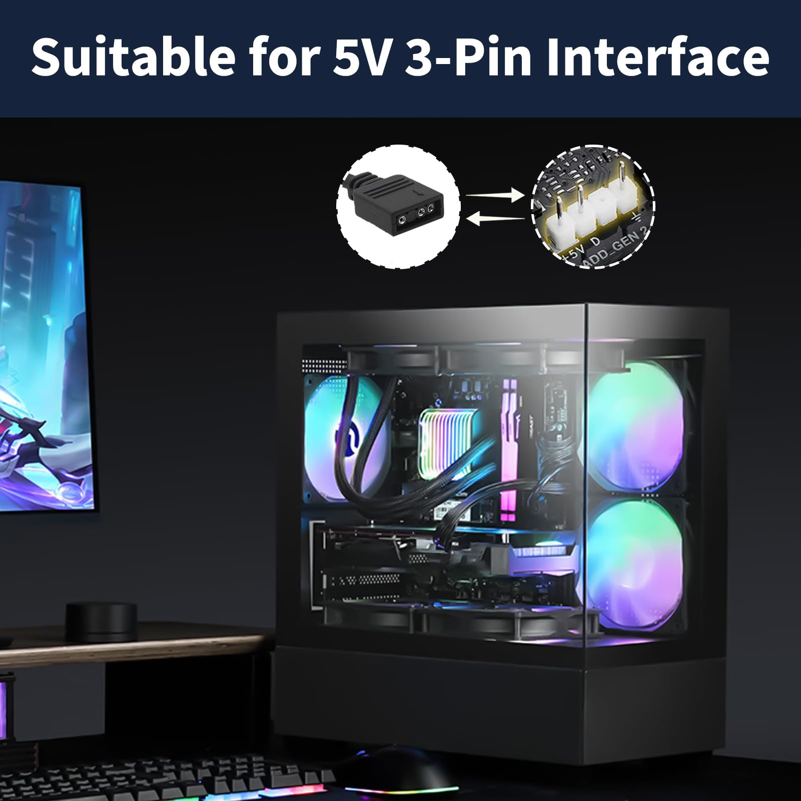 Câble Extension ARGB 5V 3 Broches 50 cm, Rallonge RGB 3 Pins, Hub Adaptateur Splitter pour Ventilateurs PC LED Adressables