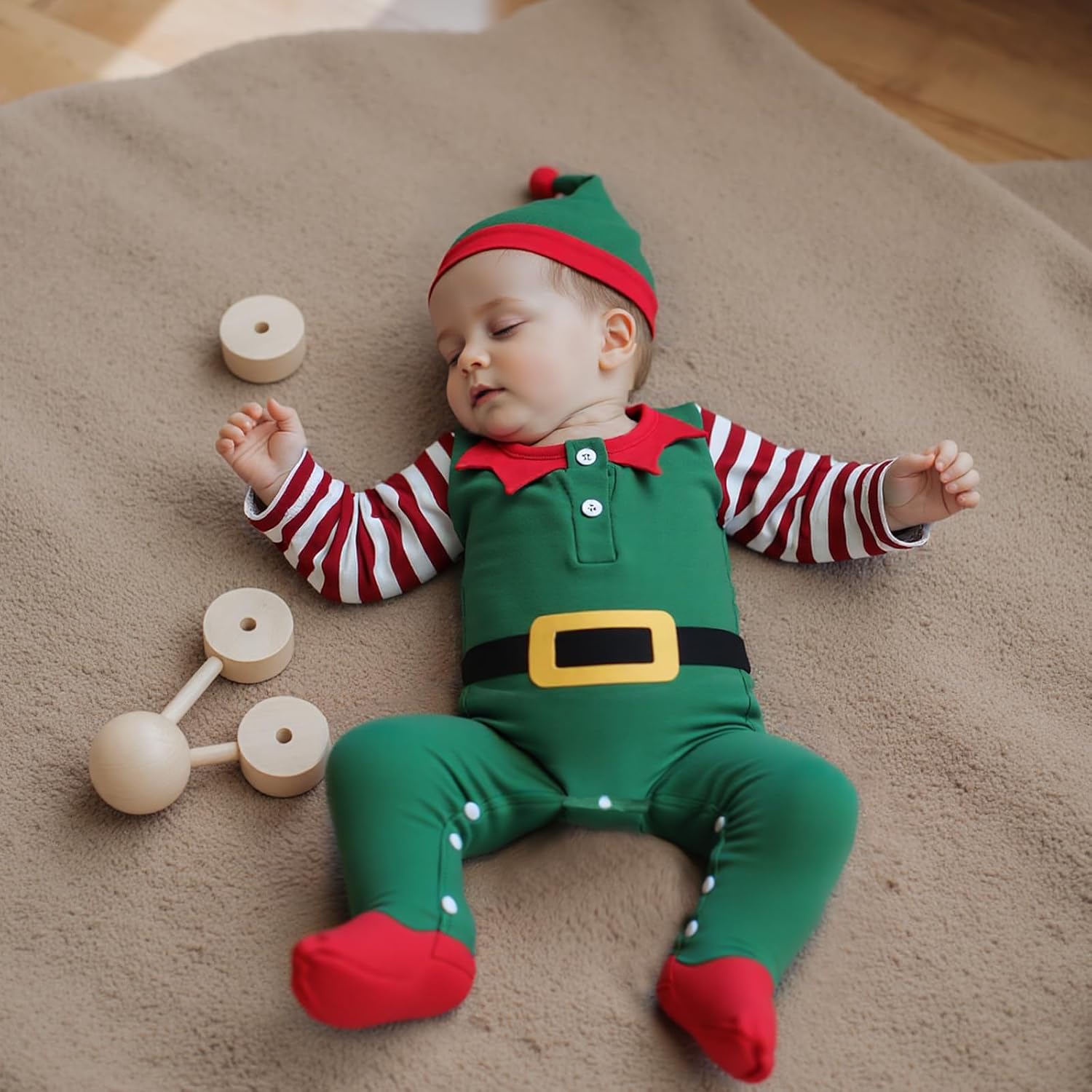 Sasaerucure Baby Boy Christmas Green Elf Footed Romper Jumpsuit with Hat